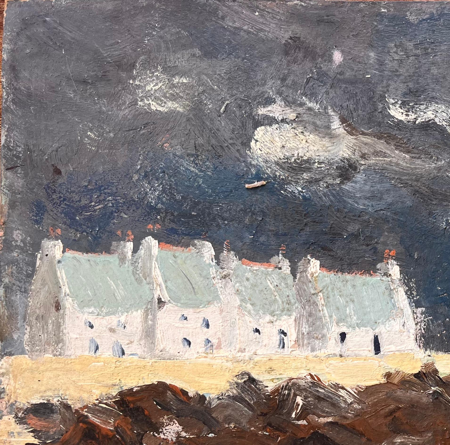 Französisches Küsten-Ölgemälde, Ölgemälde von Leuchtturm-Häusern, Felsküsten und stürmischem Himmel (Impressionismus), Painting, von Fanch Lel