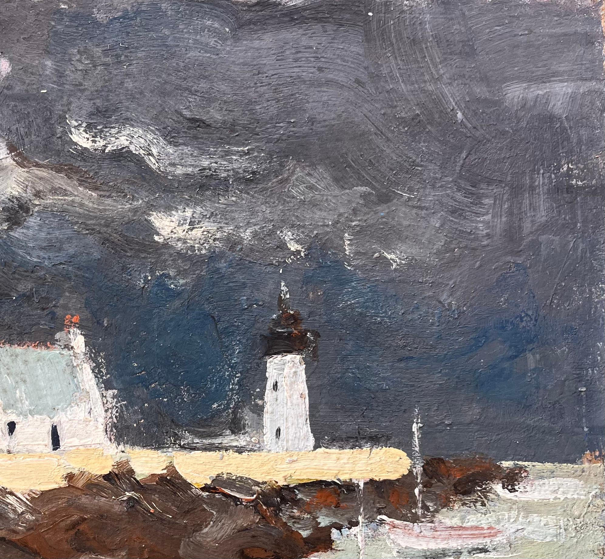 Titel: Französisch Coastal Ölgemälde von Leuchtturm Hütten felsigen Küste und stürmischen Himmel
Von Fanch Lel
Unterschrieben: Ja
Größe: 15 x 18,25 Zoll (Höhe x Breite)
Ölgemälde auf Karton, ungerahmt
Zustand: Das Gemälde ist in gutem Zustand mit