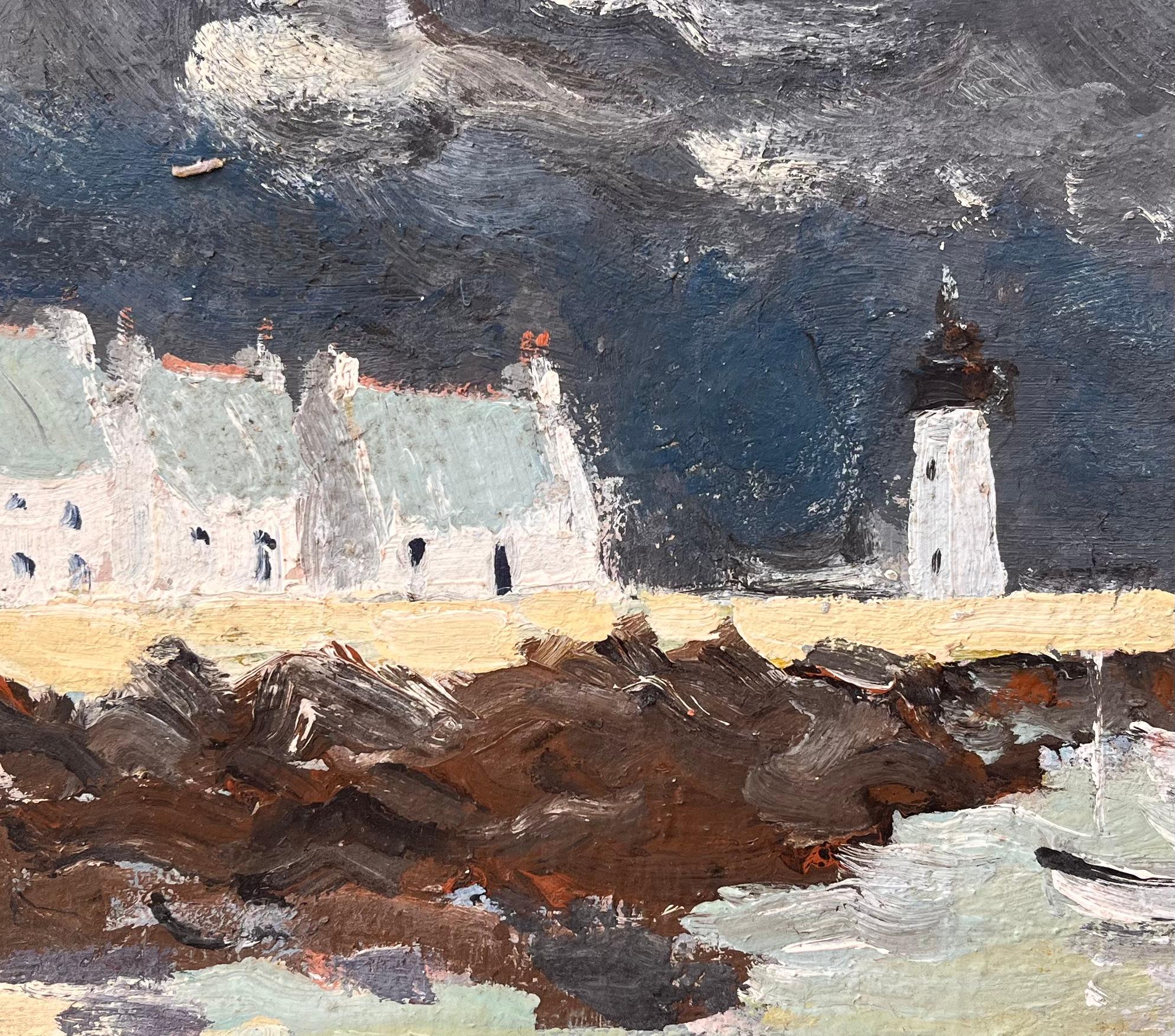 Französisches Küsten-Ölgemälde, Ölgemälde von Leuchtturm-Häusern, Felsküsten und stürmischem Himmel im Angebot 2