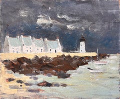 French Coastal Oil Painting of Lighthouse Cottages Rocky Shore and Stormy Sky