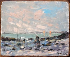 Pittura a olio costiera francese con pesca dalla riva con bassa marea, barche a vela e figure