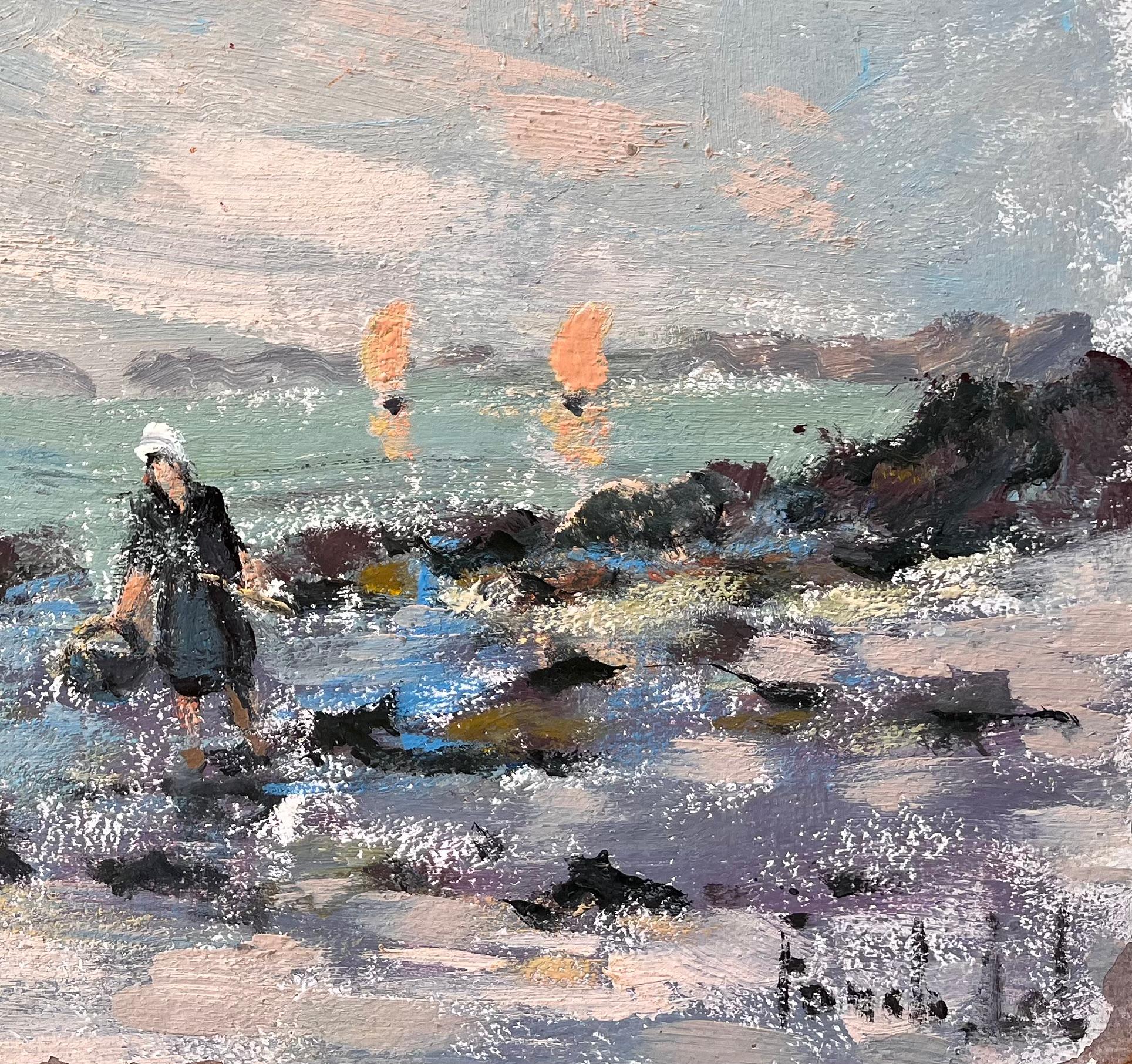 Französisches Coastal-Ölgemälde der Küste, Ölgemälde von tiefem Tide-Fisch mit Segelbooten und Figuren (Impressionismus), Painting, von Fanch Lel