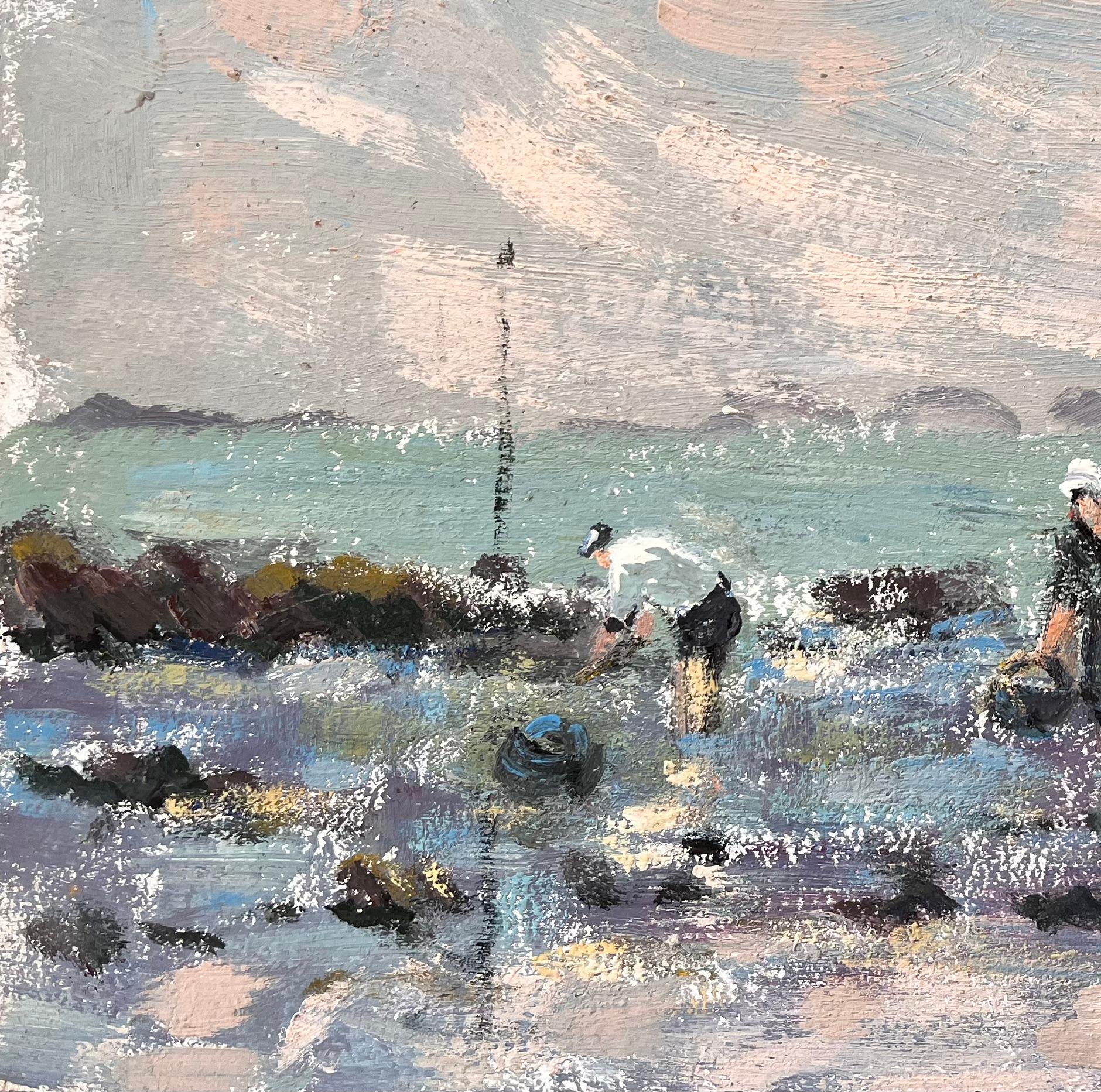 Titel: Französisches Küsten-Ölgemälde von Ebbe und Flut, Uferfischerei mit Segelbooten und Figuren
Von Fanch Lel
Unterschrieben: Ja
Größe: 13,25 x 16,25 Zoll (Höhe x Breite)
Ölgemälde auf Karton, ungerahmt
Zustand: Das Gemälde ist in gutem Zustand