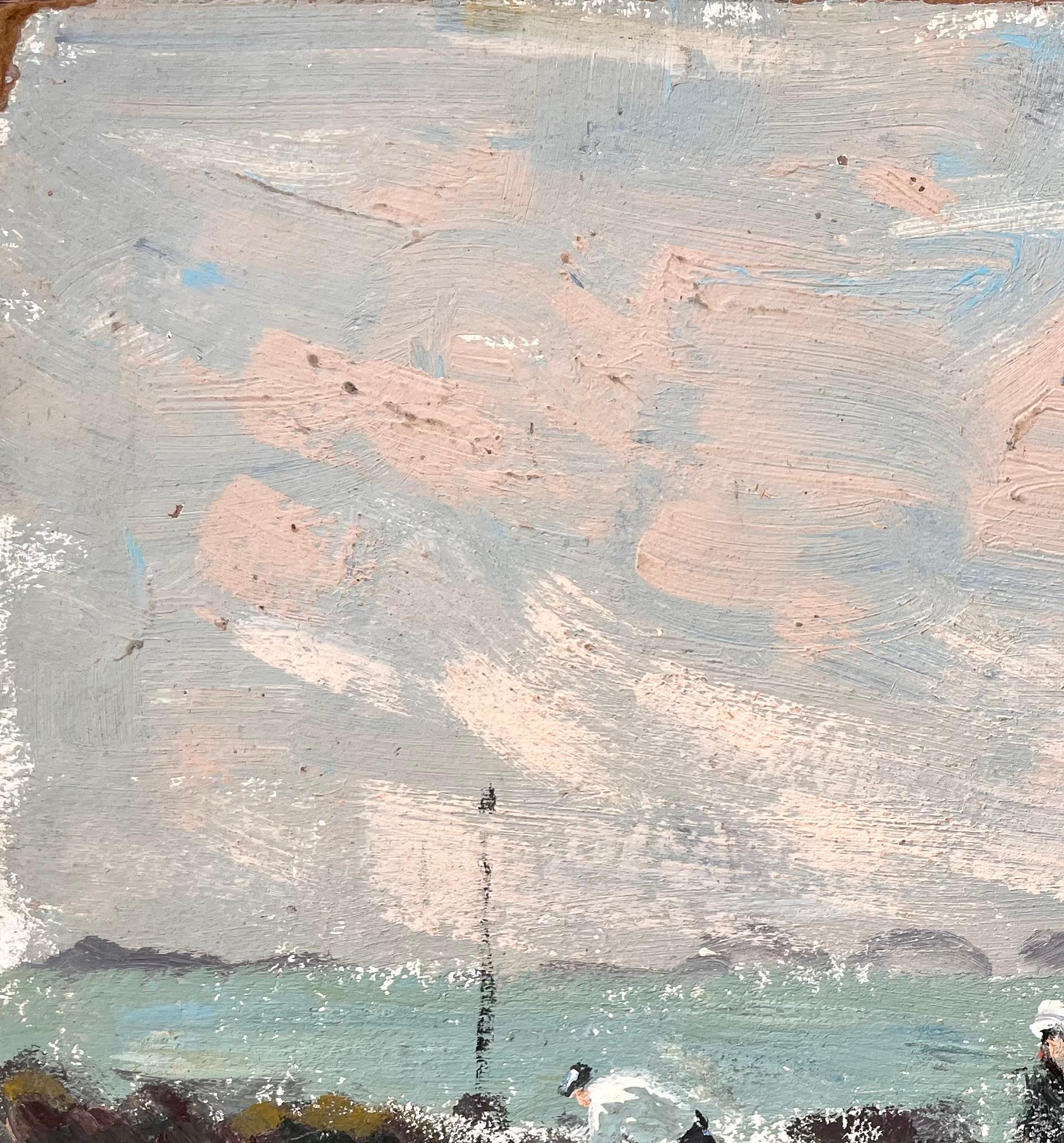 Französisches Coastal-Ölgemälde der Küste, Ölgemälde von tiefem Tide-Fisch mit Segelbooten und Figuren im Angebot 1