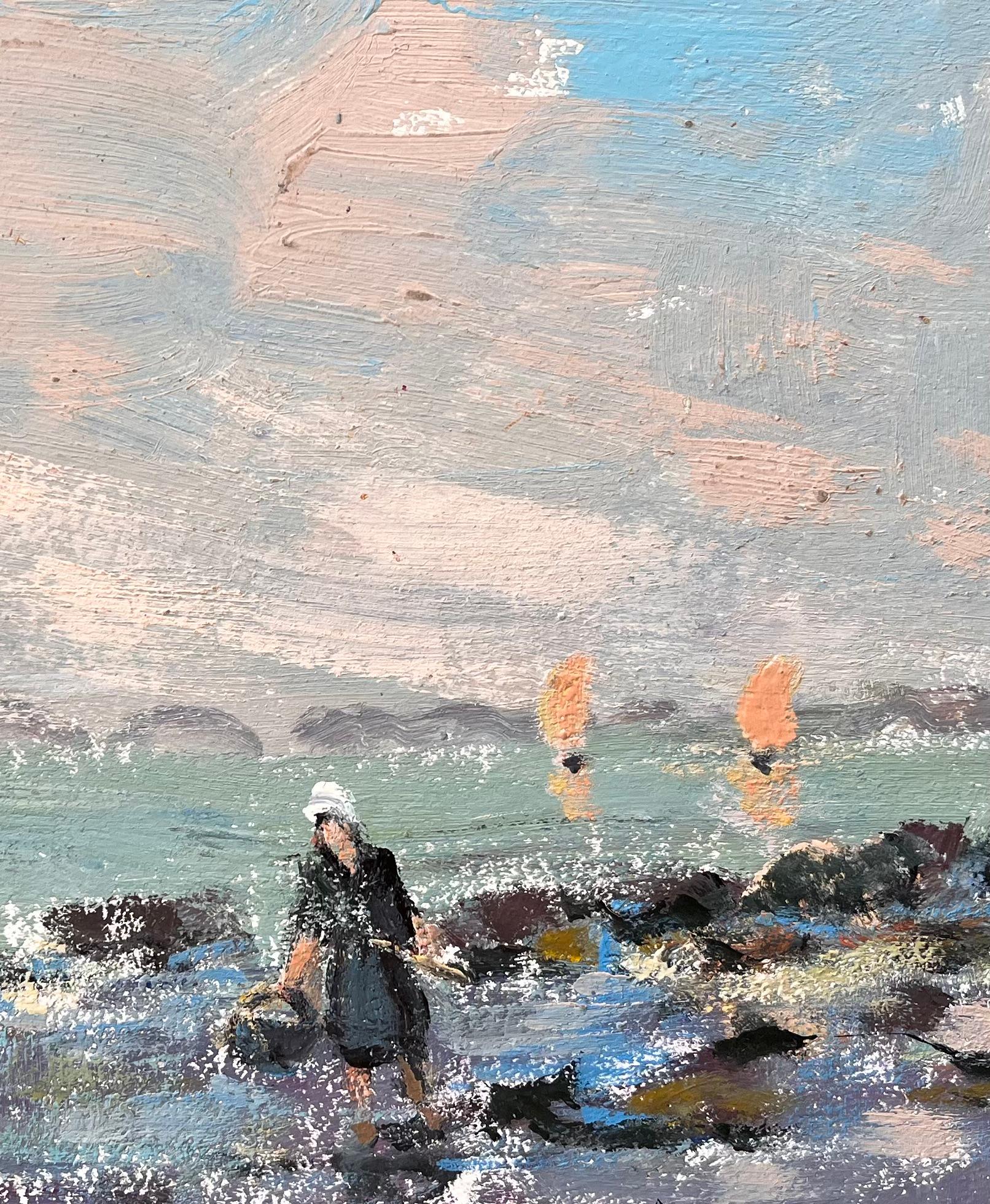 Französisches Coastal-Ölgemälde der Küste, Ölgemälde von tiefem Tide-Fisch mit Segelbooten und Figuren im Angebot 2