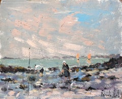 French Coastal Oil Painting of Low Tide Shore Fishing with Sailboats and Figures