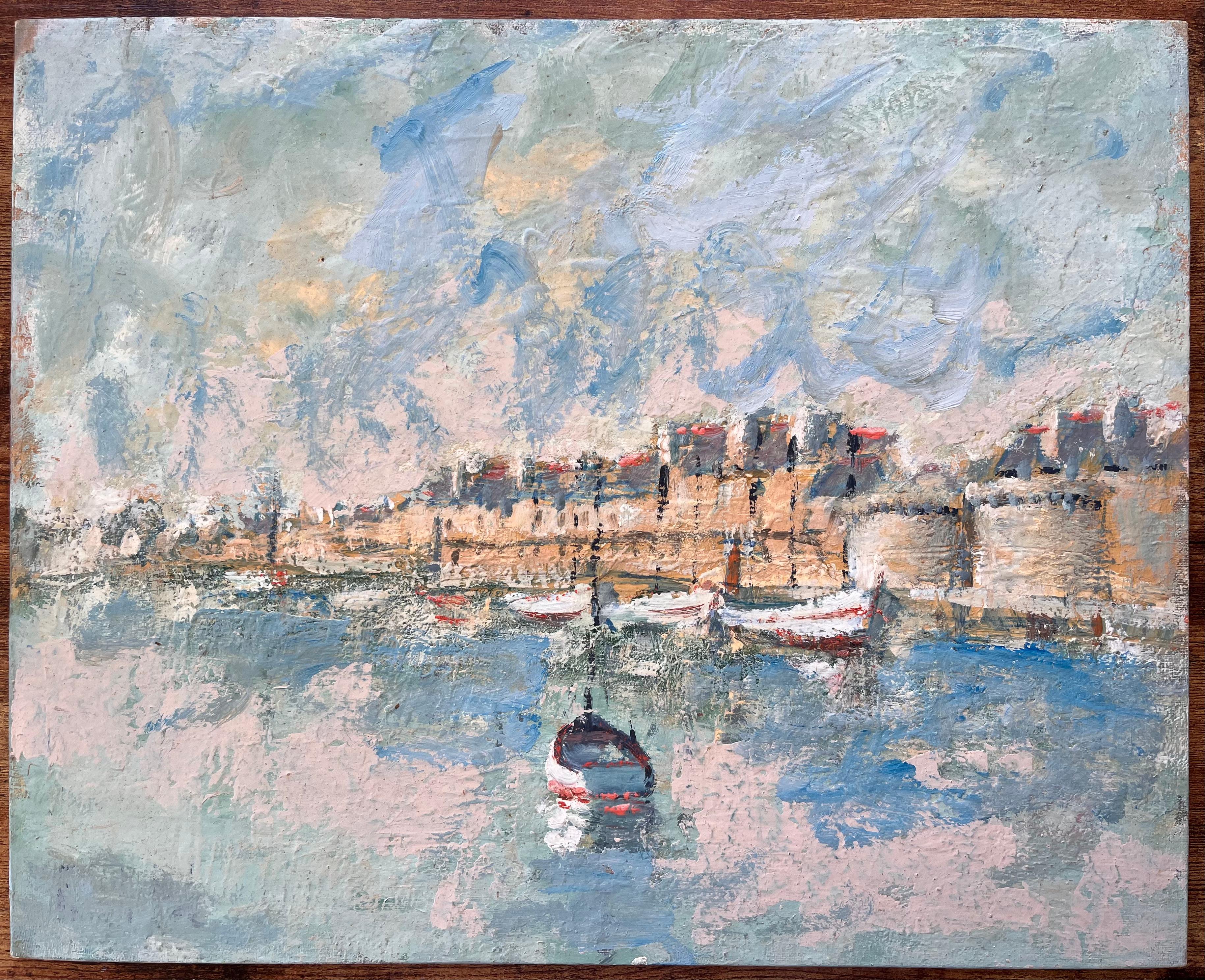 Französisches Coastal-Ölgemälde der Küste, Ölgemälde von Moored-Flugzeugen und verwandter Meeresstadt in Pastell – Painting von Fanch Lel