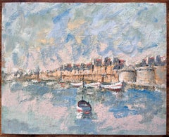 French Coastal Oil Painting of Moored Boats and Walled Seaside Town in Pastels
