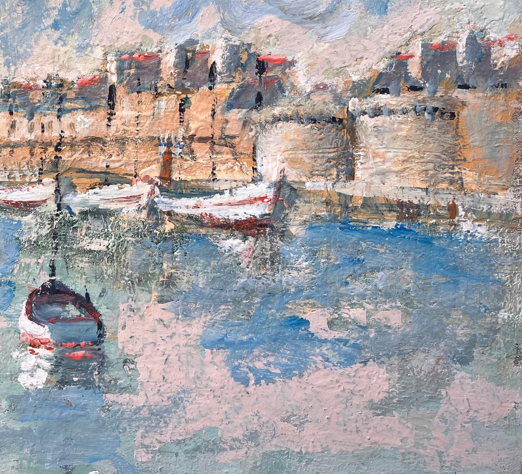 Französisches Coastal-Ölgemälde der Küste, Ölgemälde von Moored-Flugzeugen und verwandter Meeresstadt in Pastell (Impressionismus), Painting, von Fanch Lel