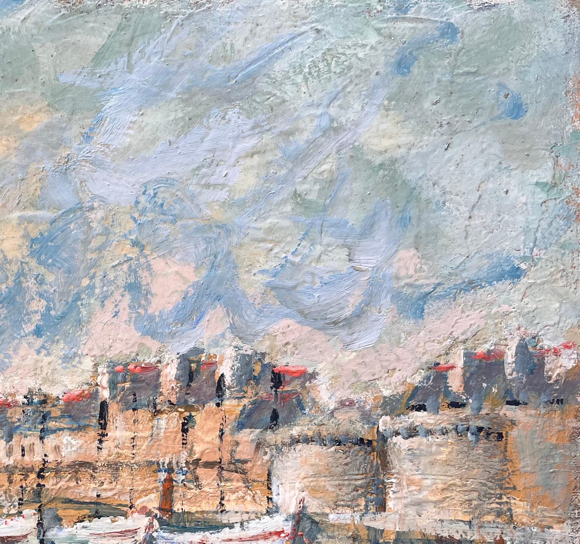 Französisches Coastal-Ölgemälde der Küste, Ölgemälde von Moored-Flugzeugen und verwandter Meeresstadt in Pastell (Grau), Abstract Painting, von Fanch Lel