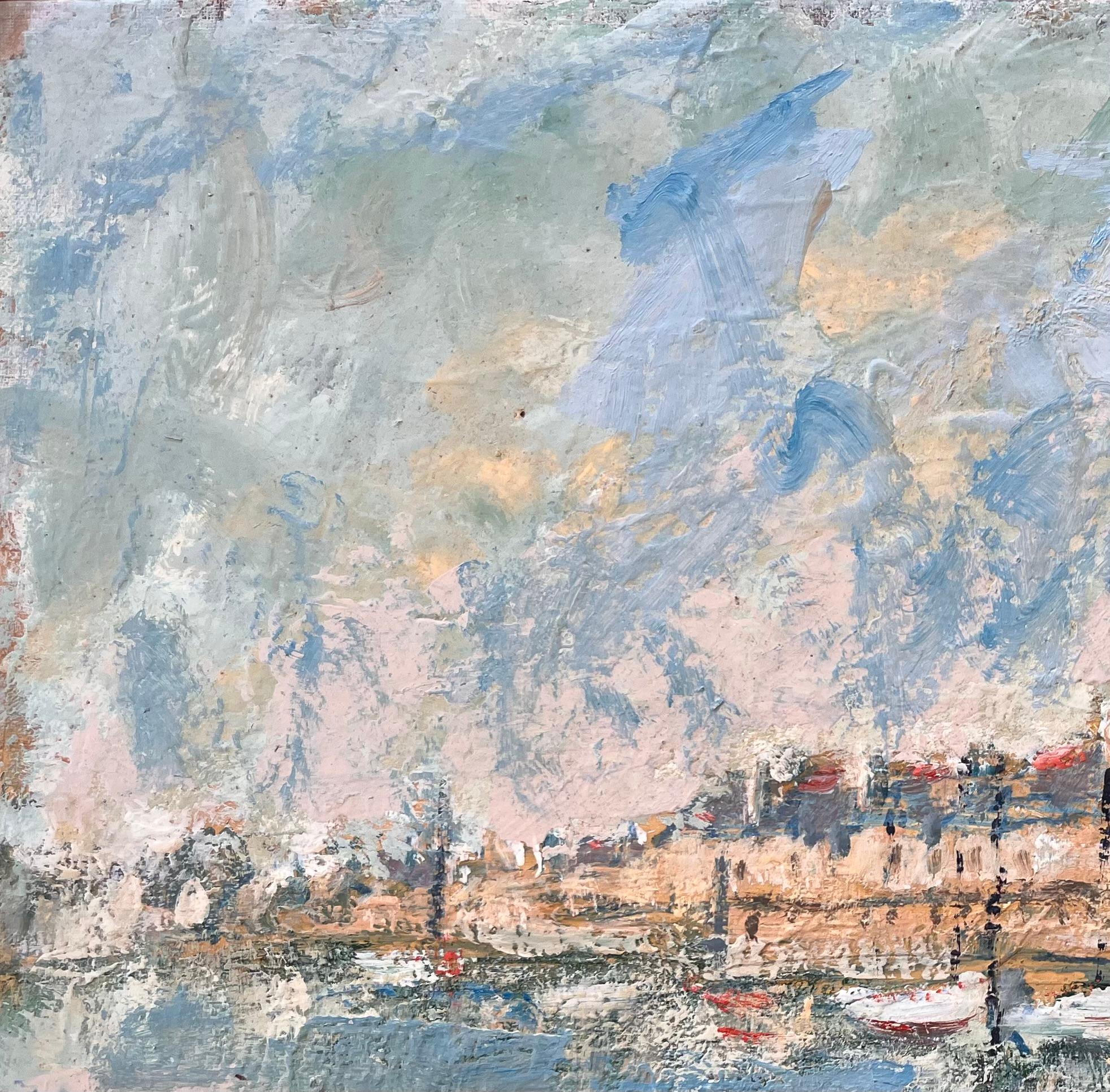 Französisches Coastal-Ölgemälde der Küste, Ölgemälde von Moored-Flugzeugen und verwandter Meeresstadt in Pastell im Angebot 1
