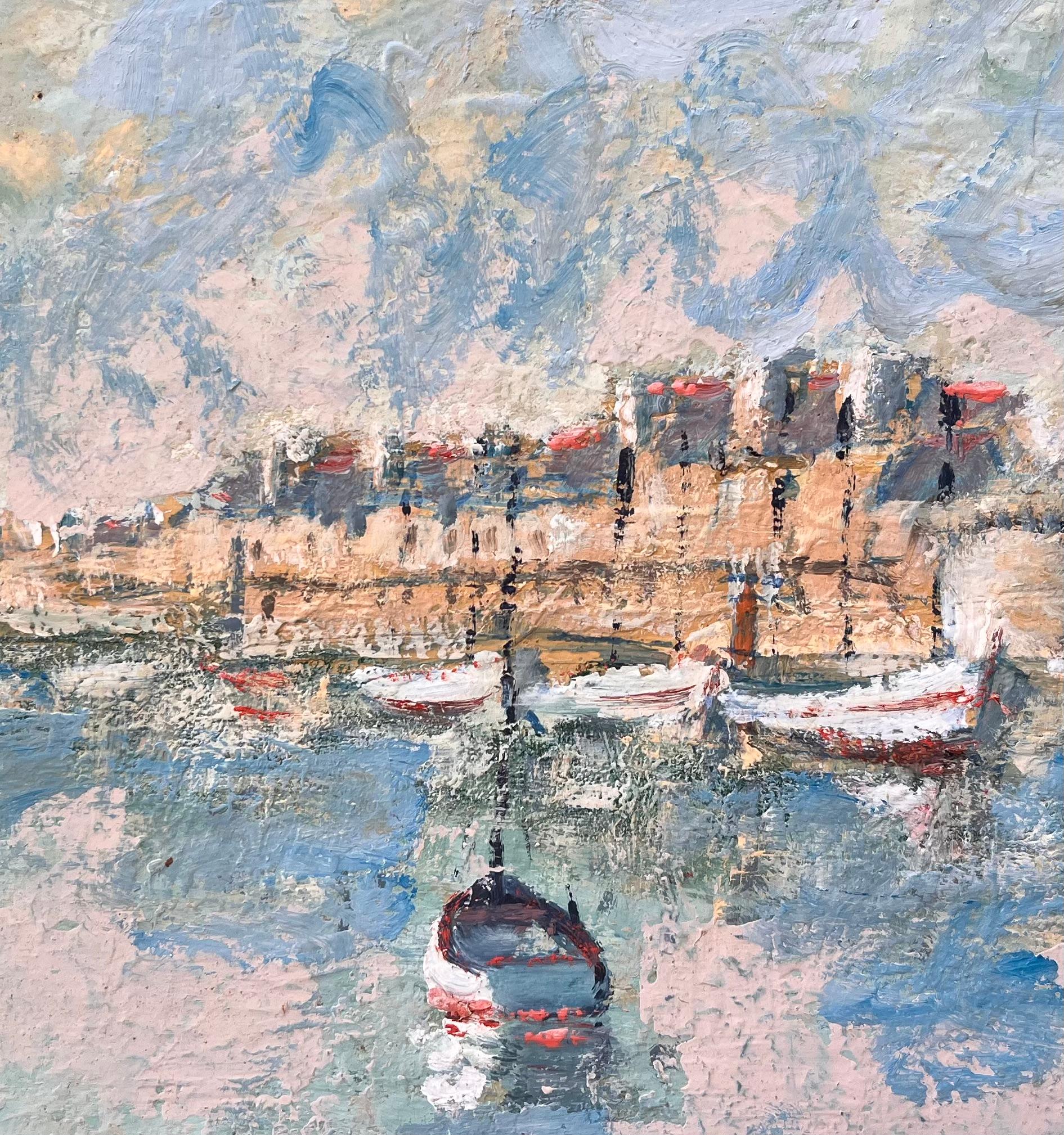 Französisches Coastal-Ölgemälde der Küste, Ölgemälde von Moored-Flugzeugen und verwandter Meeresstadt in Pastell im Angebot 2