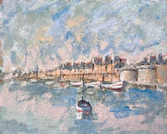 French Coastal Oil Painting of Moored Boats and Walled Seaside Town in Pastels