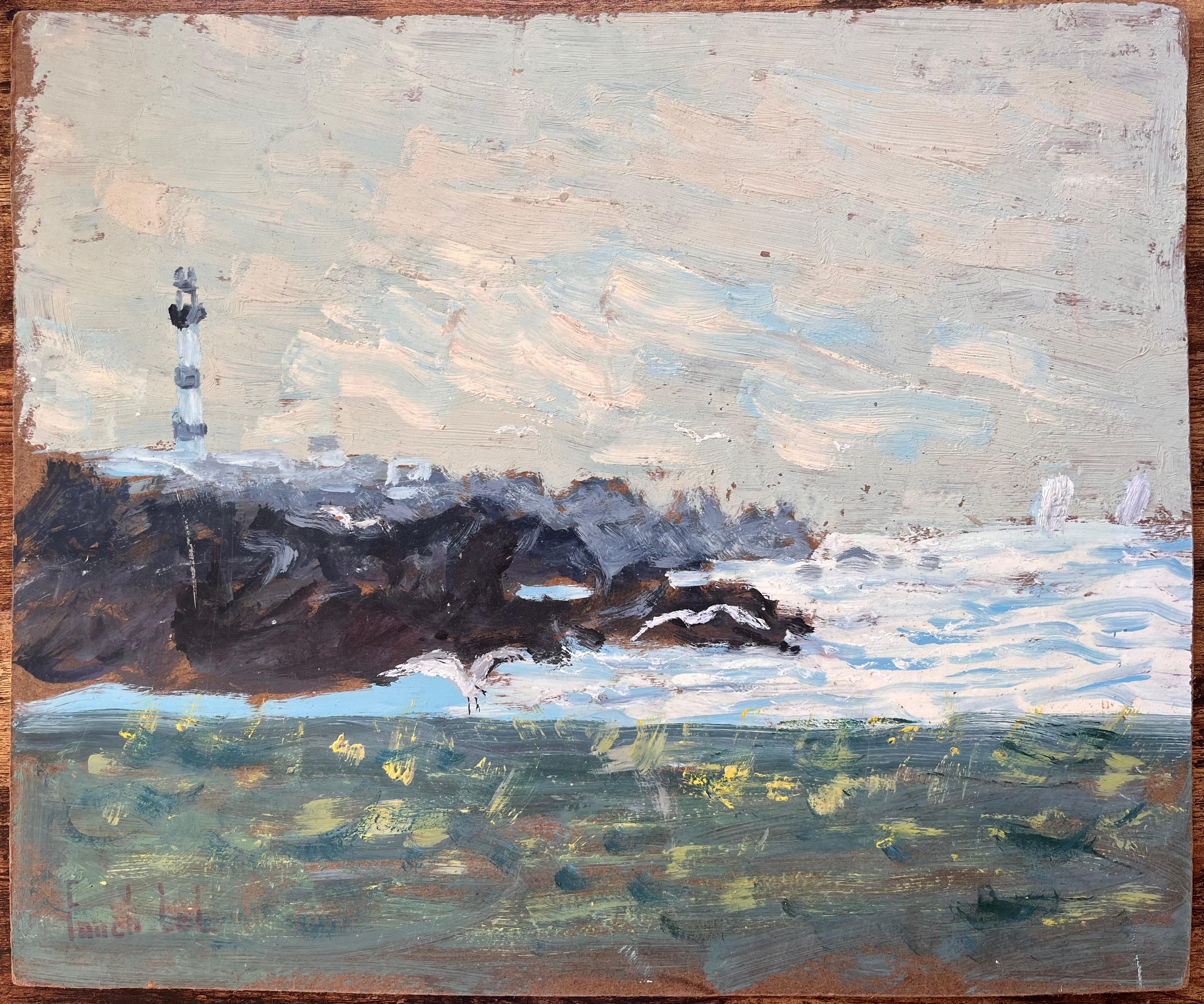 Französisches Coastal-Ölgemälde der Küste von Ouessant, Leuchtturm mit Meeres- Surf- und Bildhauerei – Painting von Fanch Lel