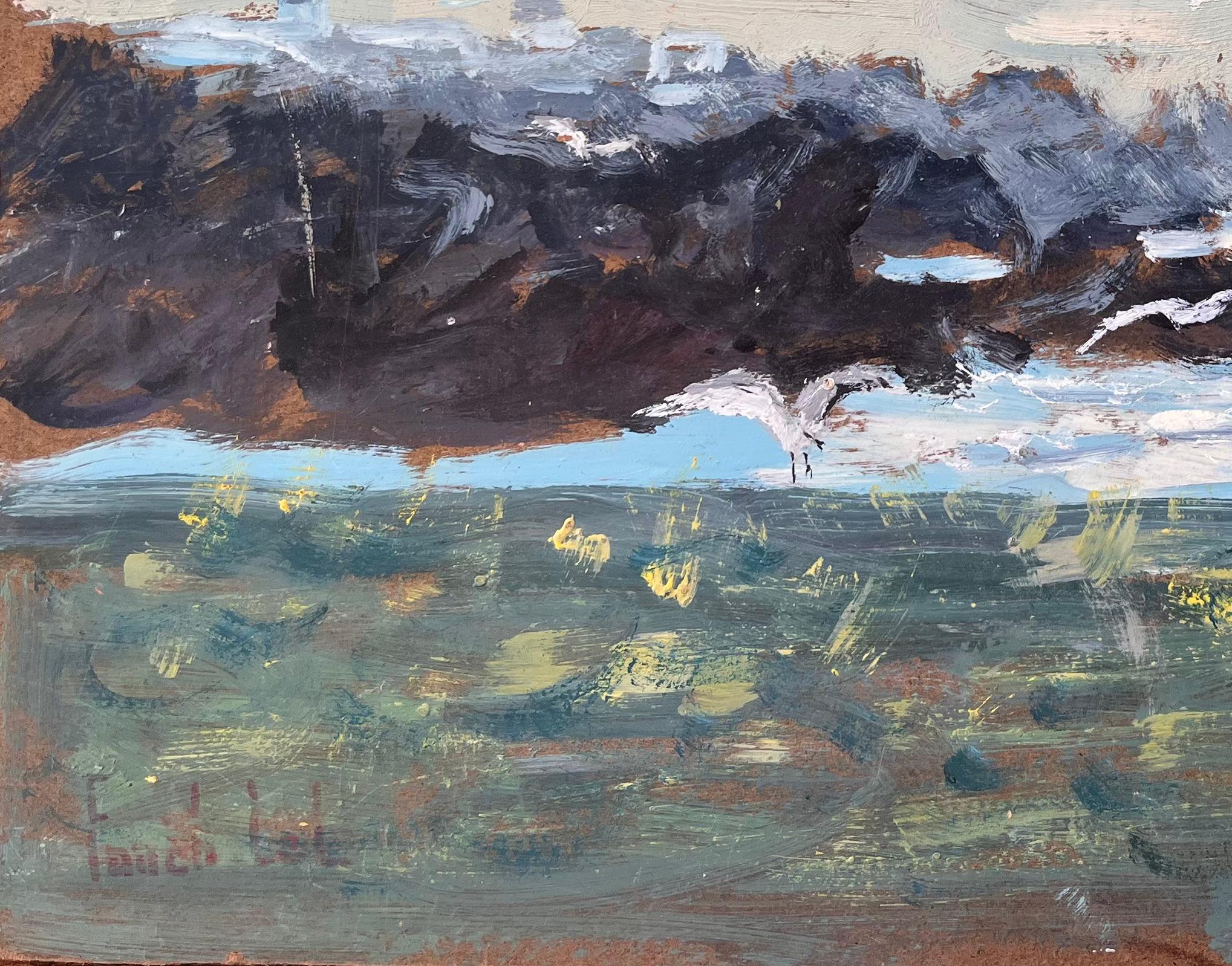 Französisches Coastal-Ölgemälde der Küste von Ouessant, Leuchtturm mit Meeres- Surf- und Bildhauerei (Grau), Abstract Painting, von Fanch Lel