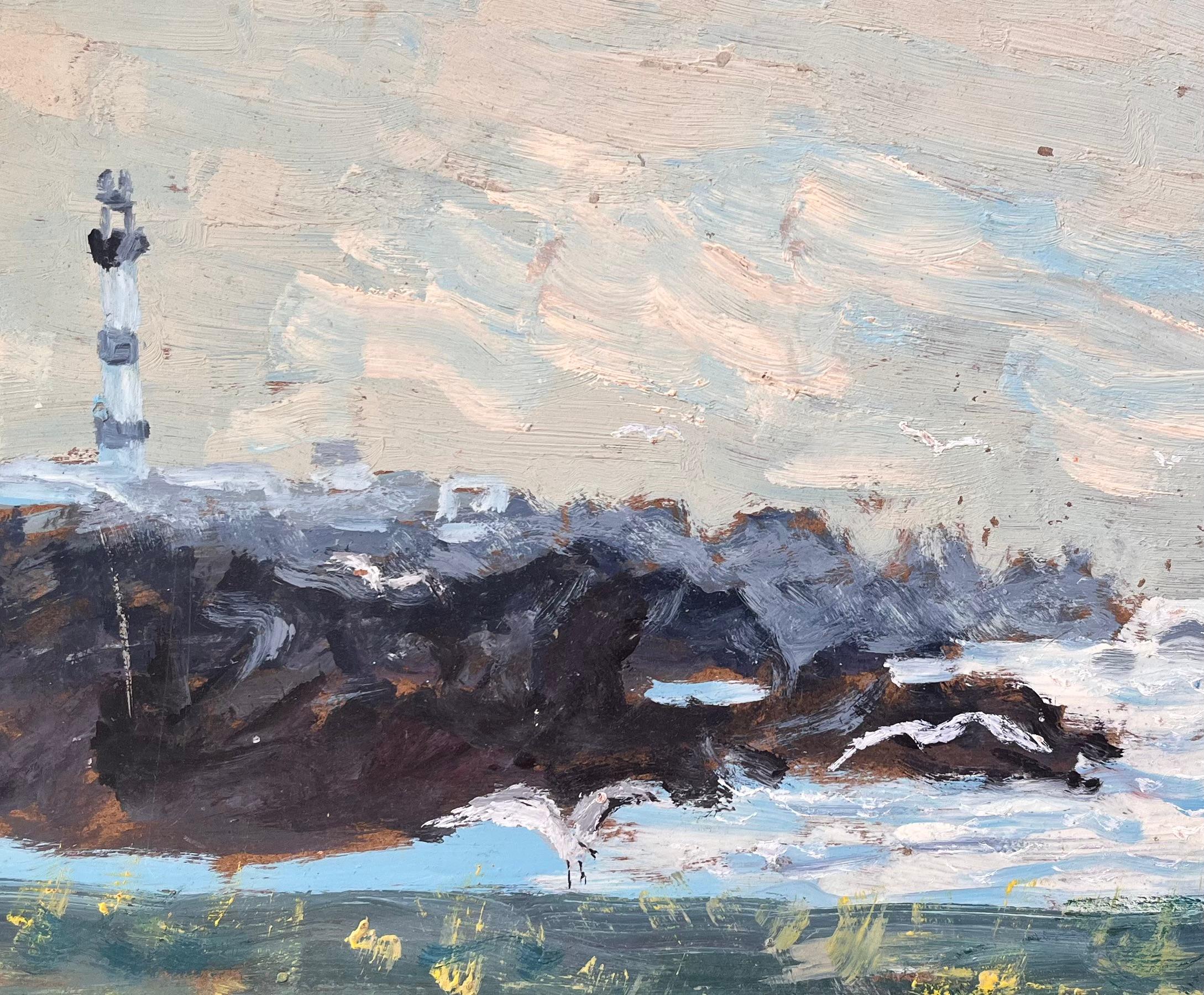 Französisches Coastal-Ölgemälde der Küste von Ouessant, Leuchtturm mit Meeres- Surf- und Bildhauerei im Angebot 2