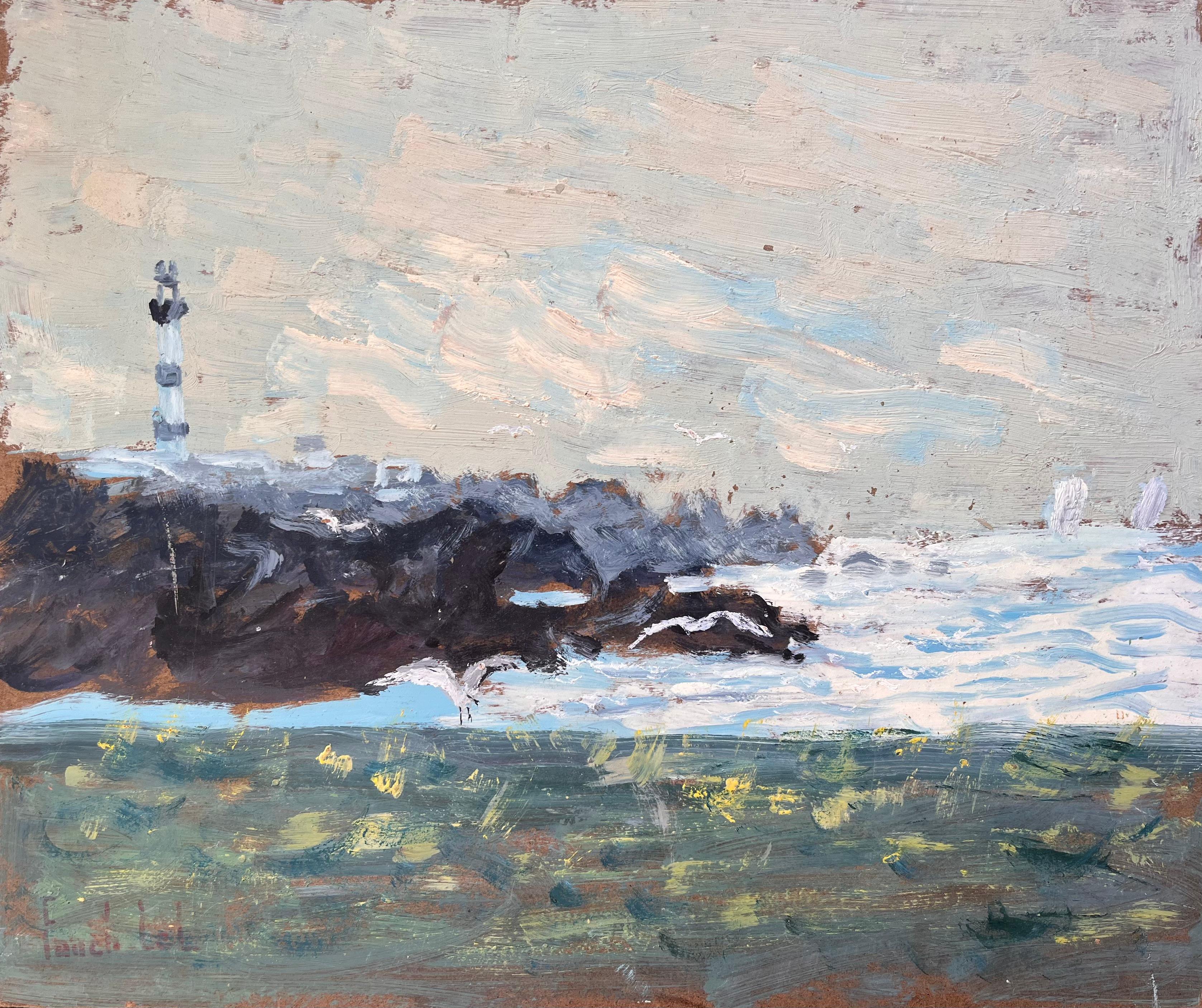 Pintura al óleo costera francesa del Faro de Ouessant con el oleaje y la orilla del océano