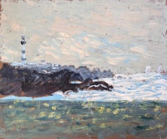 Pittura a olio costiera francese raffigurante il faro di Ouessant con le onde e la costa dell'oceano