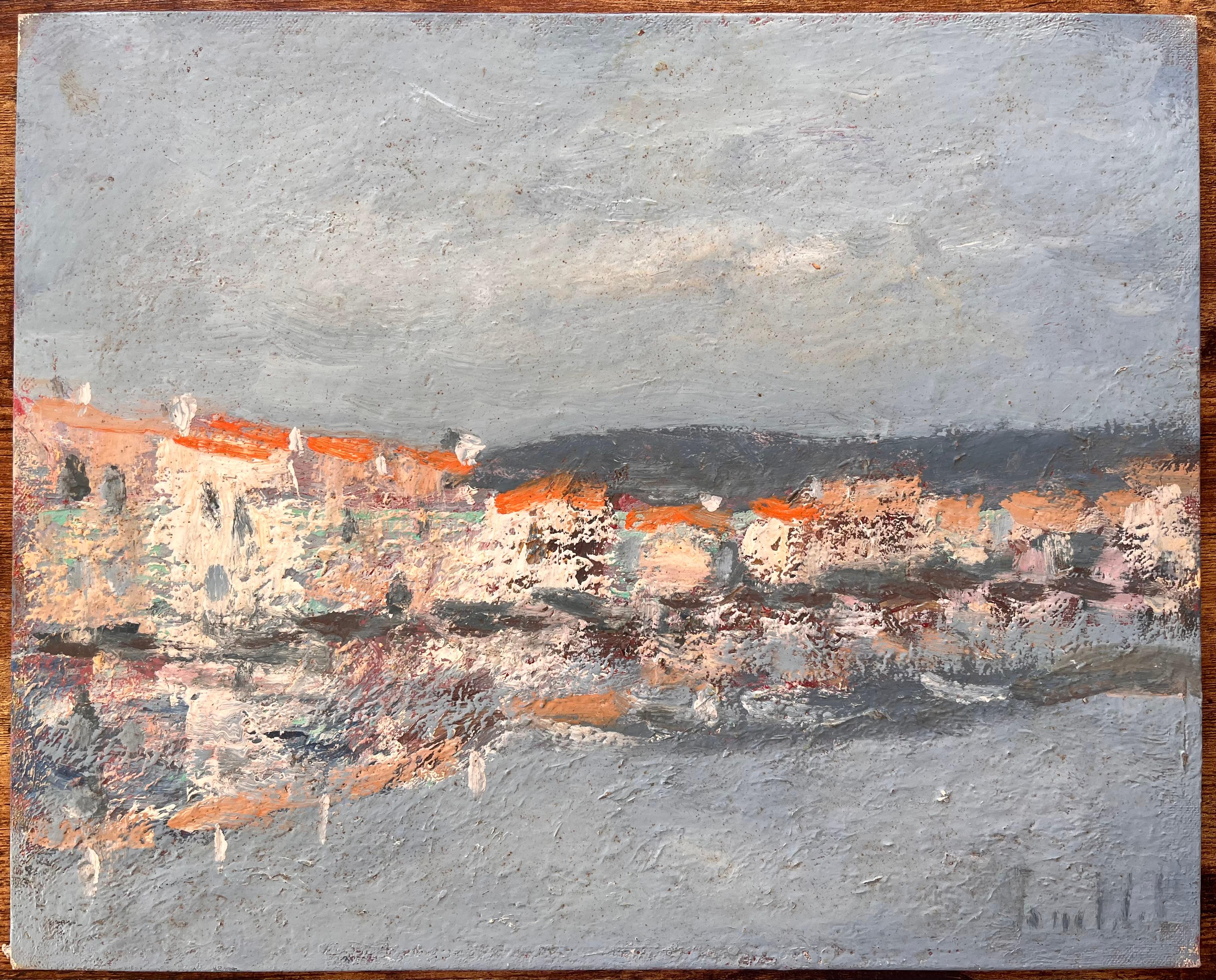 Französisches Coastal-Ölgemälde der Küste, Ölgemälde eines Meeresdorfes mit roten Hahnen, gerahmt in Wasser – Painting von Fanch Lel