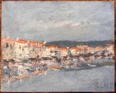 French Coastal Oil Painting of Seaside Village with Red Roofs Reflected in Water