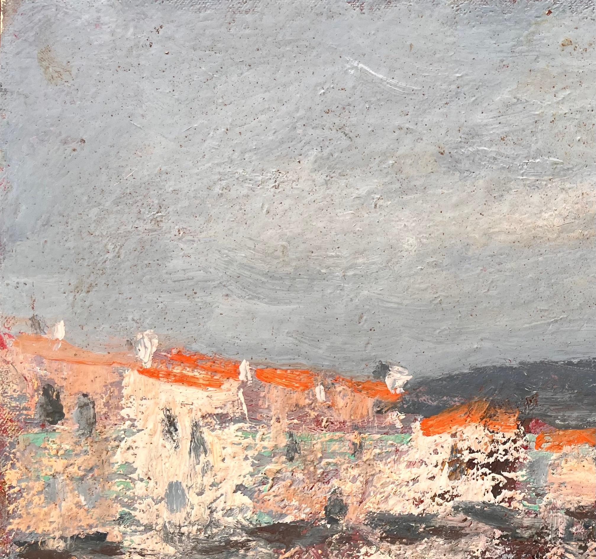Französisches Coastal-Ölgemälde der Küste, Ölgemälde eines Meeresdorfes mit roten Hahnen, gerahmt in Wasser (Impressionismus), Painting, von Fanch Lel