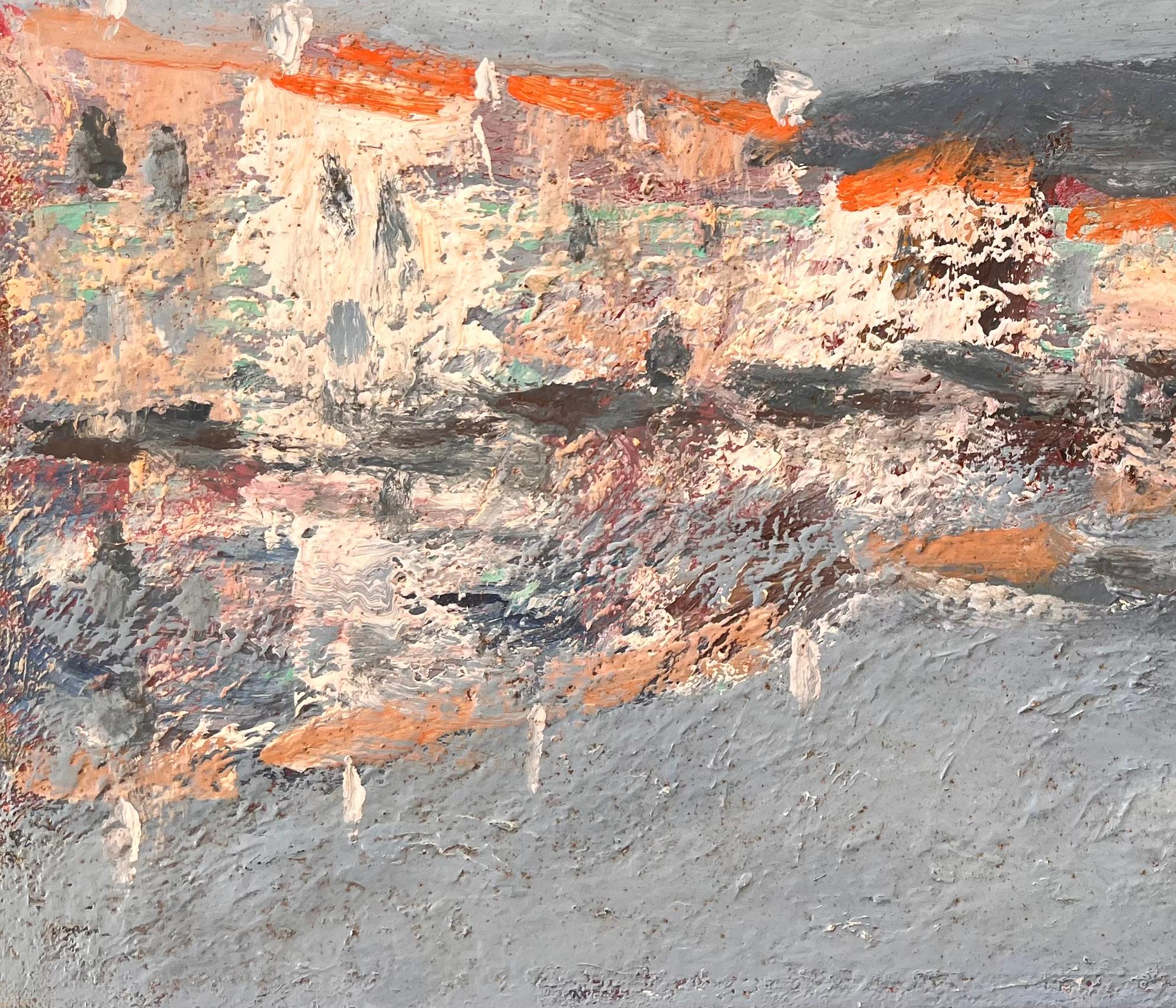 Französisches Coastal-Ölgemälde der Küste, Ölgemälde eines Meeresdorfes mit roten Hahnen, gerahmt in Wasser (Grau), Abstract Painting, von Fanch Lel