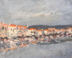 French Coastal Oil Painting of Seaside Village with Red Roofs Reflected in Water