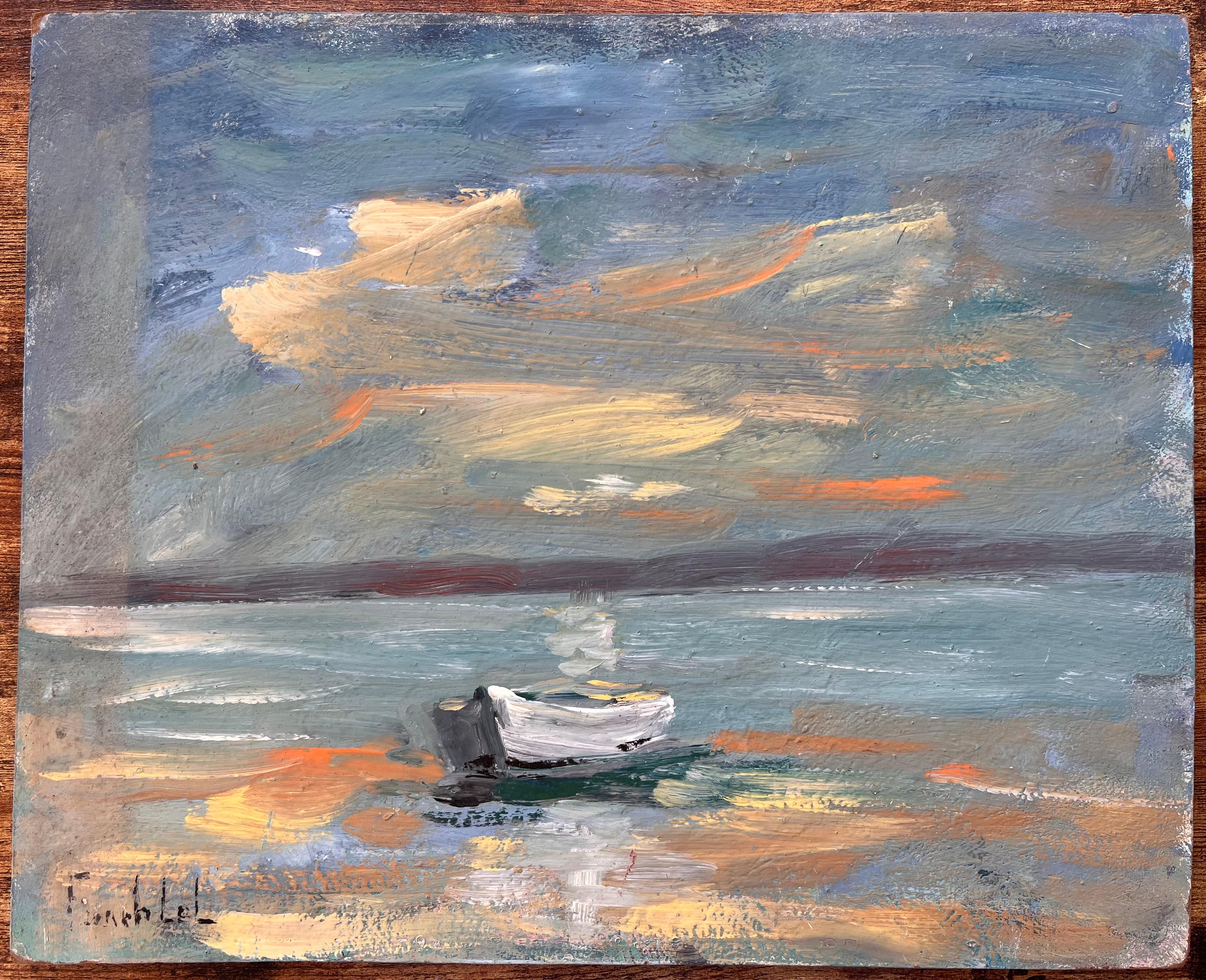 Französisches Küsten-Ölgemälde eines kleinen Ruderboots auf See unter dramatischem Sonnenuntergangshimmel – Painting von Fanch Lel