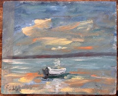 French Coastal Oil Painting of Small Rowboat at Sea Under Dramatic Sunset Sky
