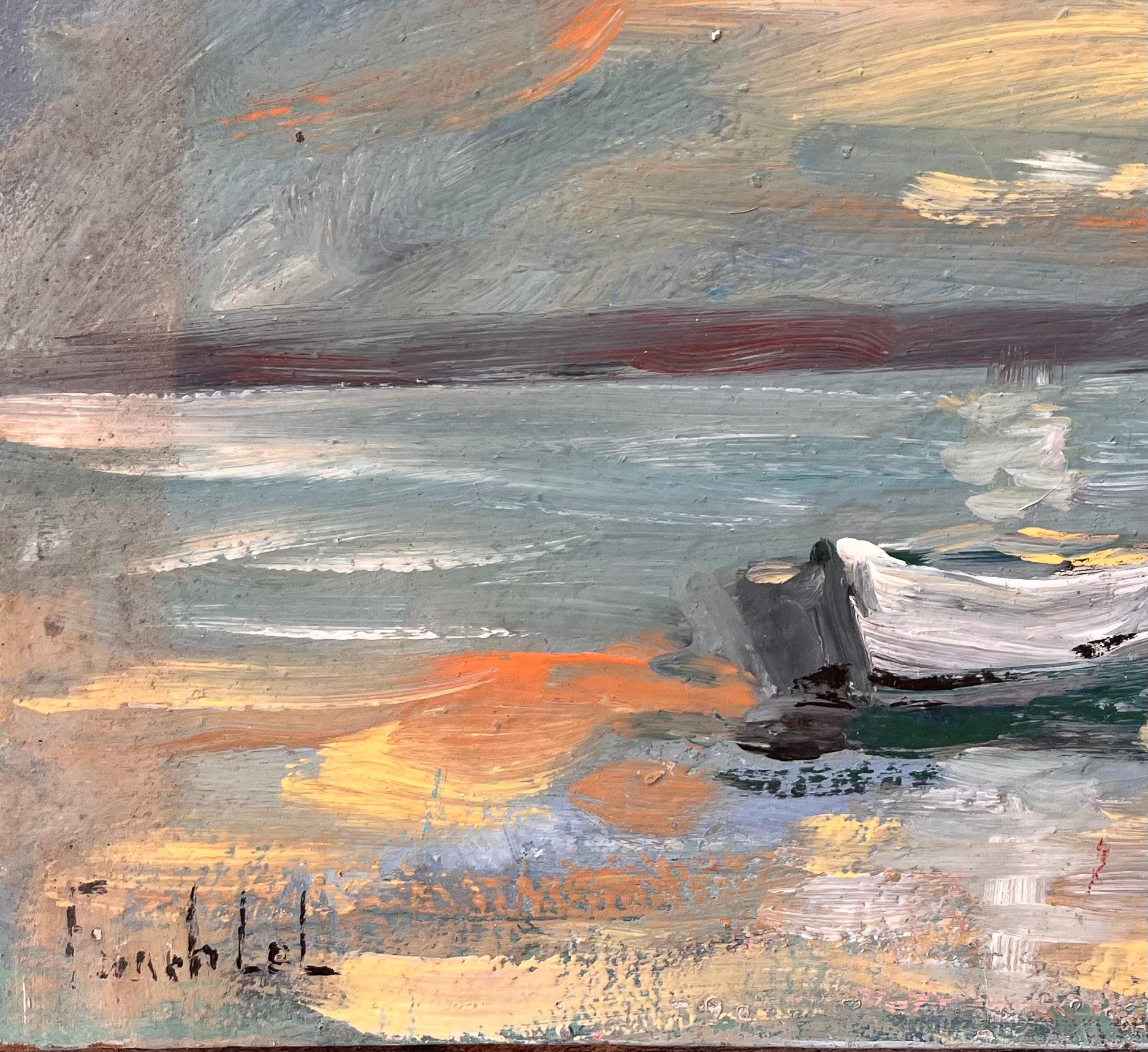 Französisches Küsten-Ölgemälde eines kleinen Ruderboots auf See unter dramatischem Sonnenuntergangshimmel (Impressionismus), Painting, von Fanch Lel