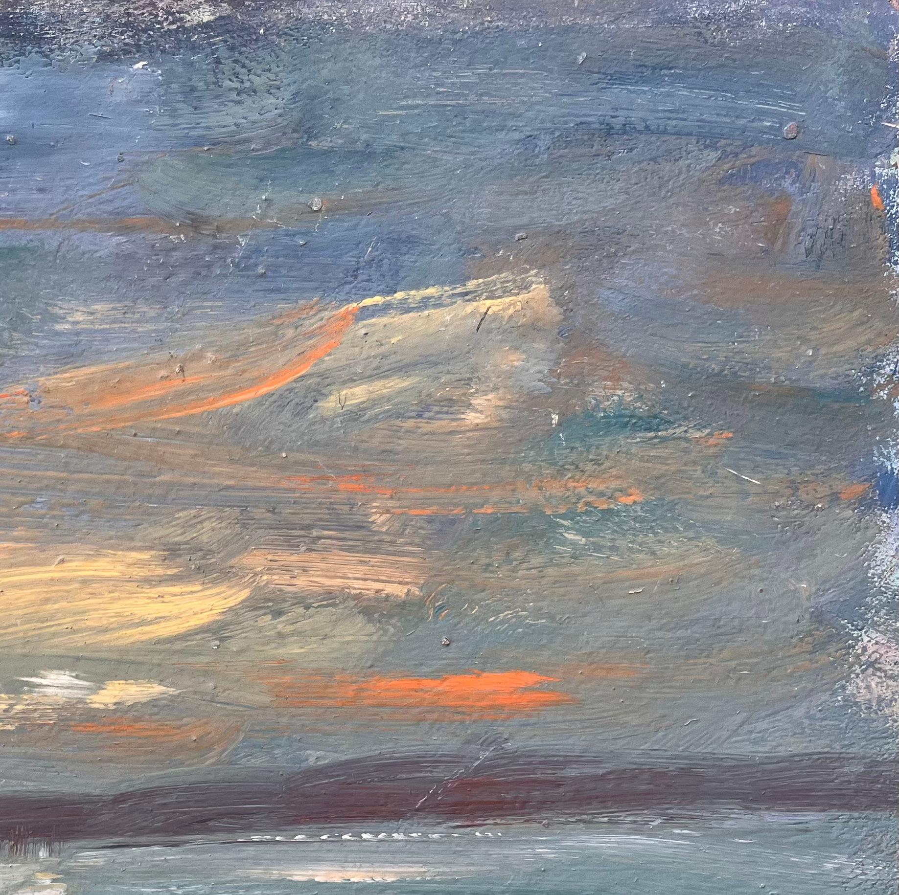 Titel: Französisches Küsten-Ölgemälde von kleinem Ruderboot auf See unter dramatischem Sonnenuntergangshimmel
Von Fanch Lel
Unterschrieben: Ja
Größe: 13 x 16 Zoll (Höhe x Breite)
Ölgemälde auf Karton, ungerahmt
Zustand: Das Gemälde ist in gutem