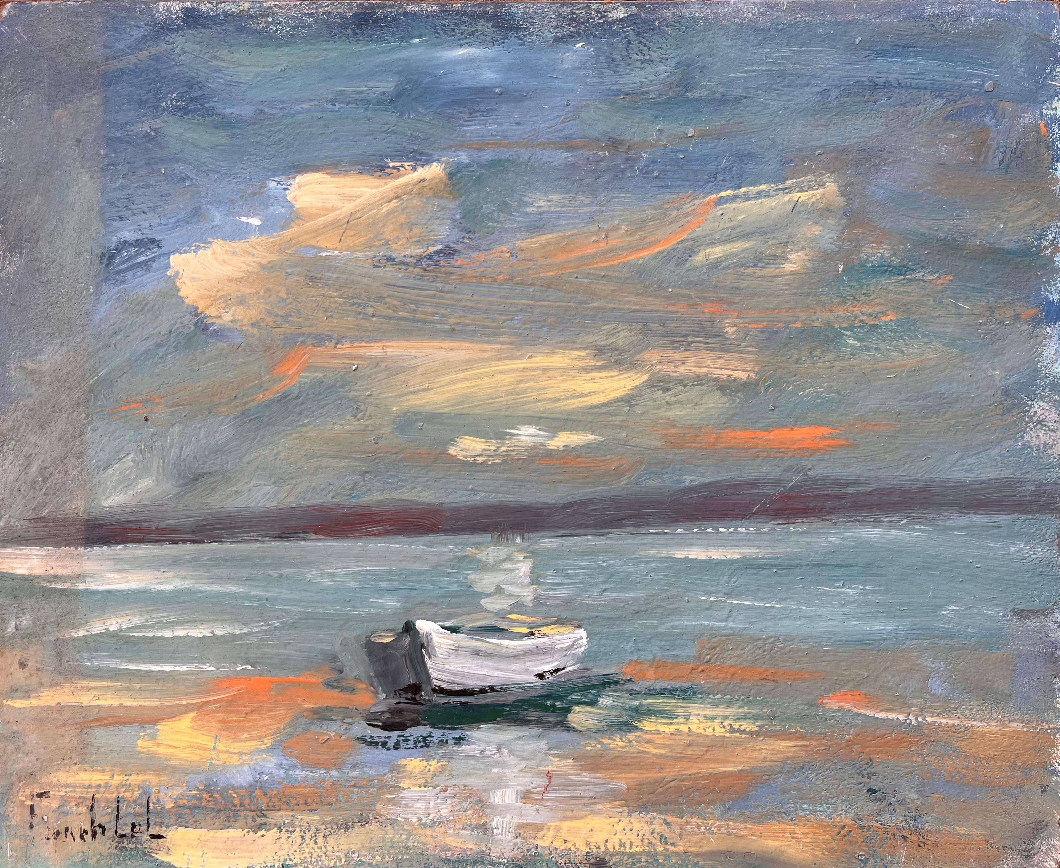Pintura al óleo costera francesa de un pequeño bote de remos en el mar bajo un dramático cielo al atardecer