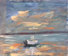 French Coastal Oil Painting of Small Rowboat at Sea Under Dramatic Sunset Sky