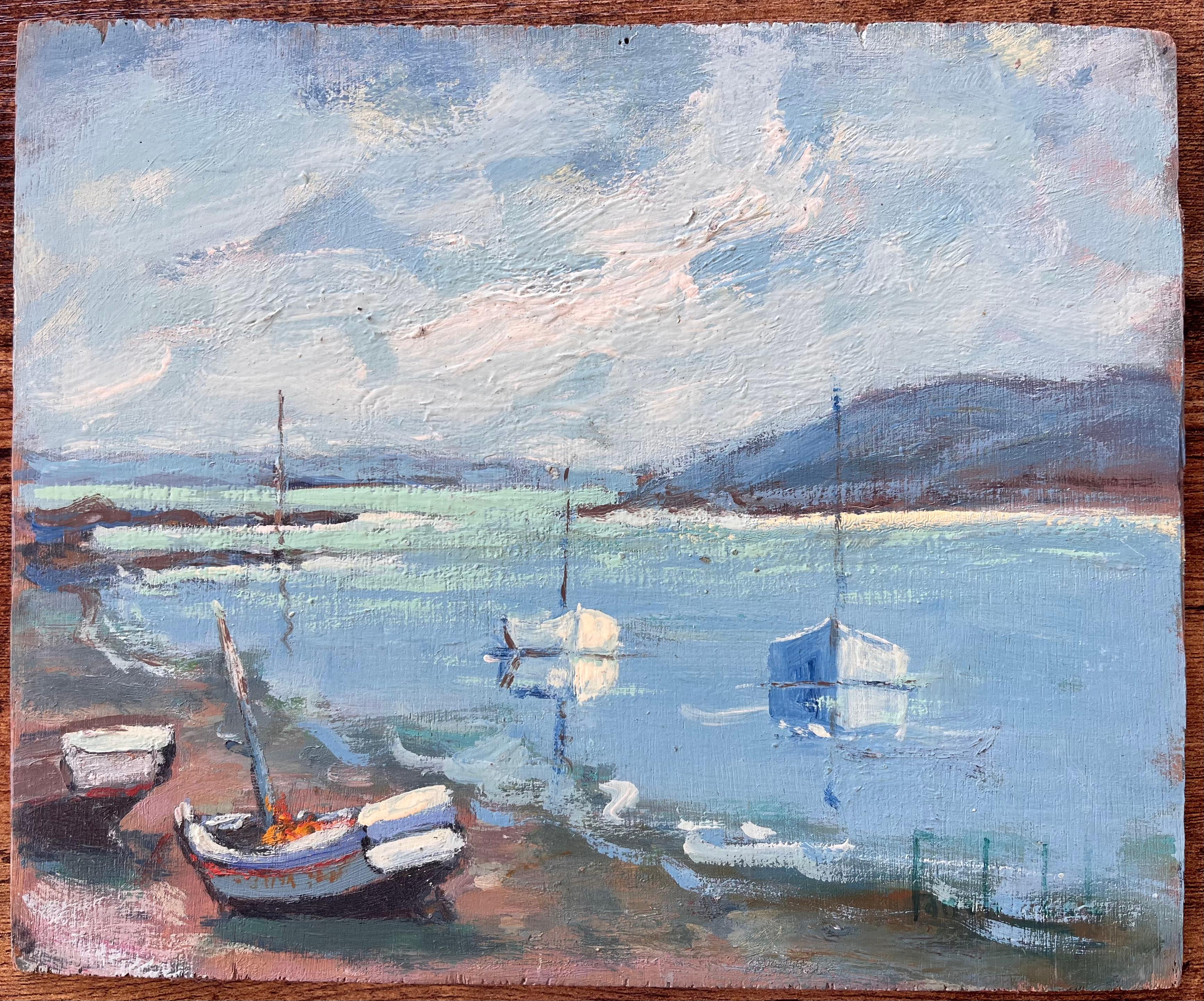 Französisches Coastal-Gemälde von Booten in niedrigem Tide in La Richardais in der Bretagne – Painting von Fanch Lel