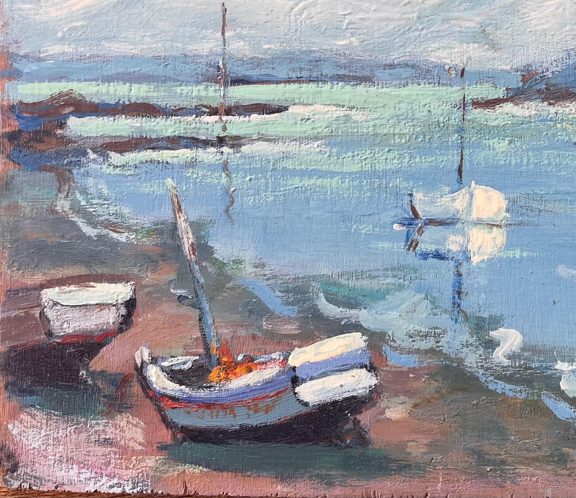 Französisches Coastal-Gemälde von Booten in niedrigem Tide in La Richardais in der Bretagne (Impressionismus), Painting, von Fanch Lel