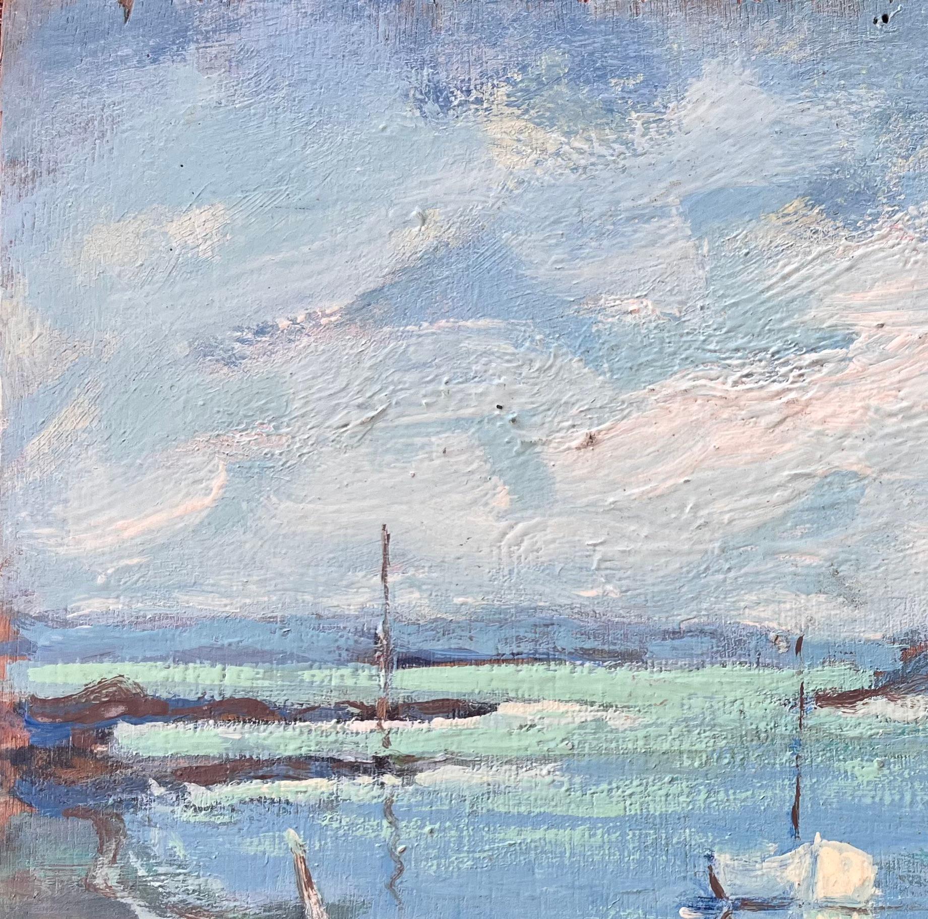 Titel: Französische Küstenmalerei von Booten bei Ebbe in La Richardais in der Bretagne
Von Fanch Lel
Unterzeichnet: ja
Größe: 8,75 x 10,5 Zoll (Höhe x Breite)
Ölgemälde auf Karton, ungerahmt
Zustand: Das Gemälde ist in gutem Zustand mit