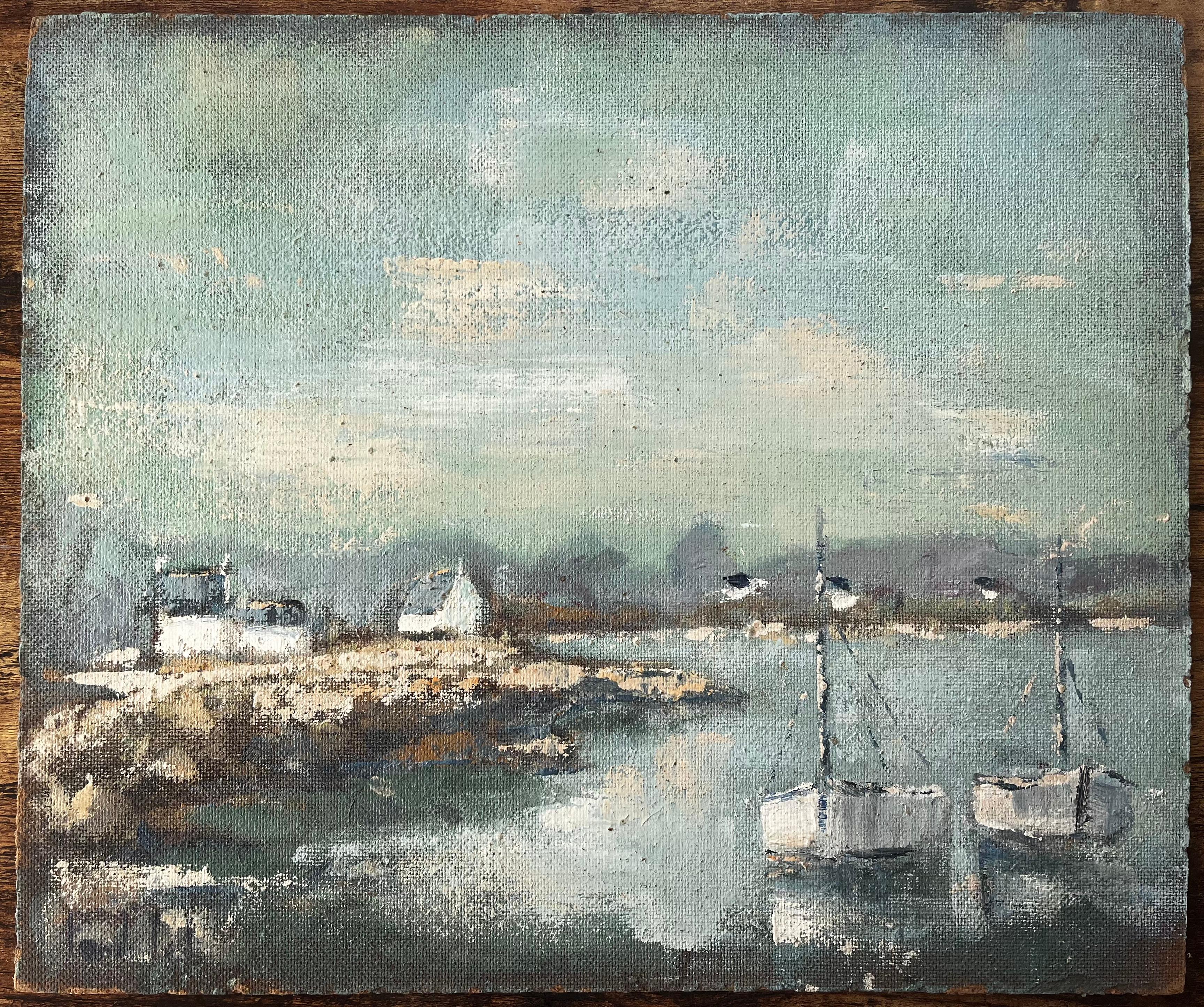 French Coastal Painting with Boats and Houses near Plougonvelin Brittany - Gray Landscape Painting by Fanch Lel