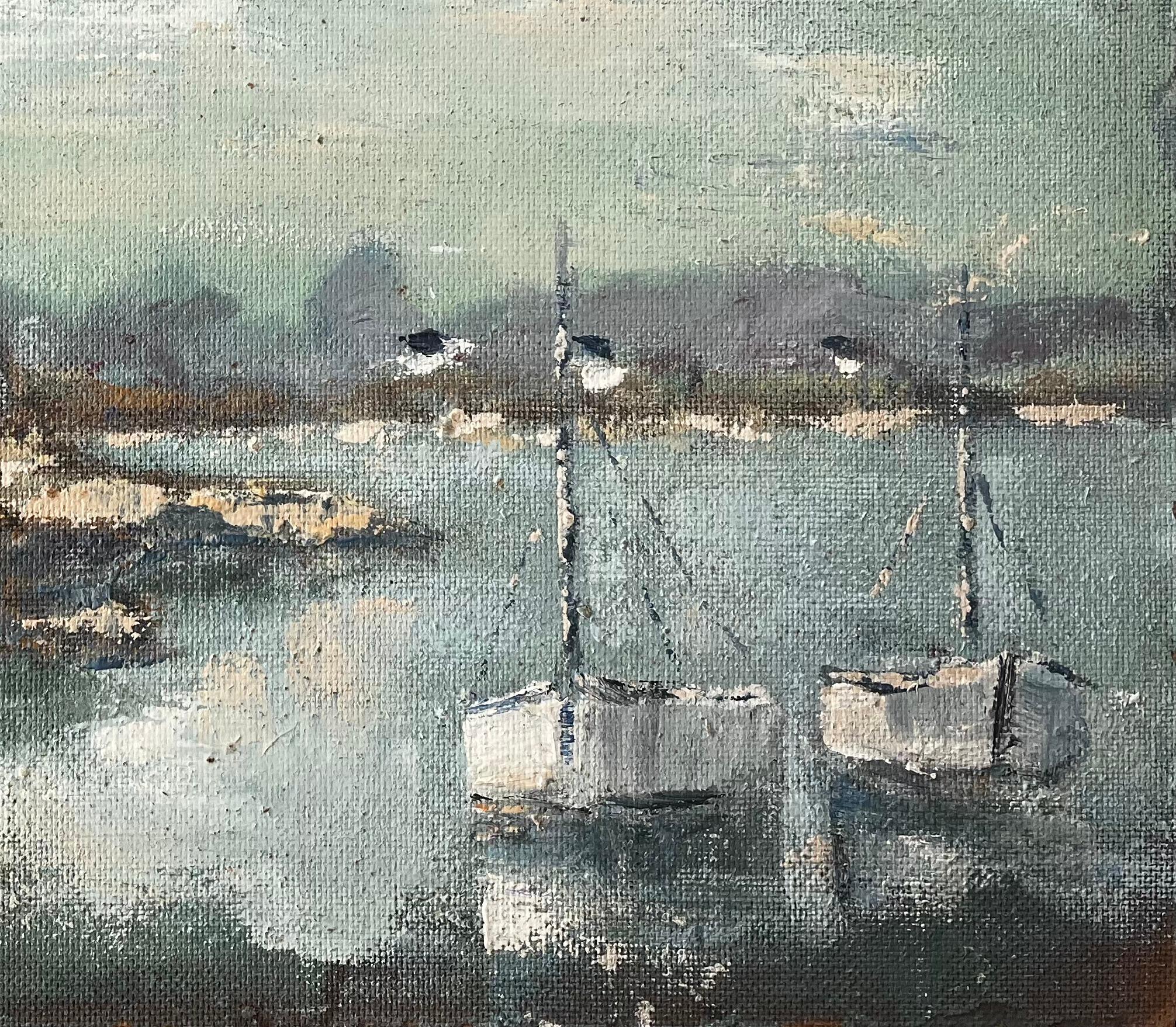 Title: French Coastal Painting with Boats and Houses near Plougonvelin Brittany
by Fanch Lel
Signed: Bottom left corner
Size: 15 x 18 inches (height x width)
Oil painting on board, unframed
Condition: Good condition overall. Some scattered foxing