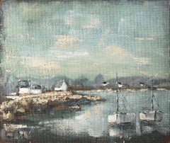 French Coastal Painting with Boats and Houses near Plougonvelin Brittany