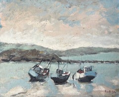 French Coastal Scene with Beached Fishing Boats and Rolling Hills