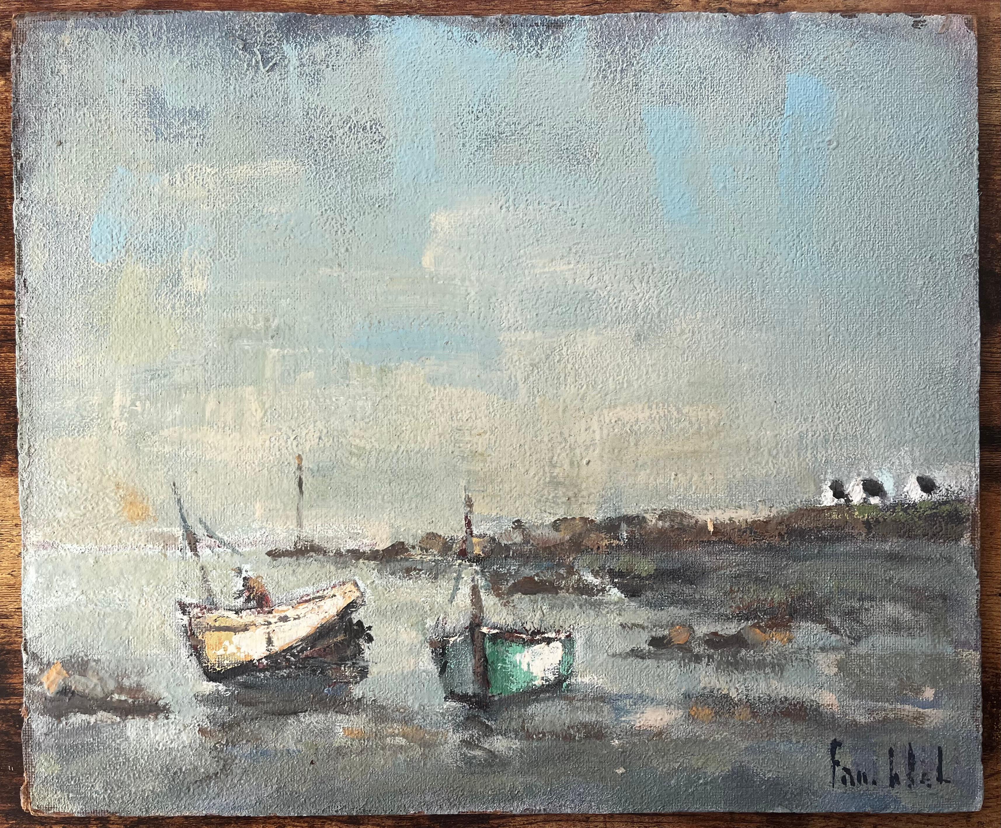 Escena costera francesa con barcos en marea baja en St Servan Bretaña - Painting de Fanch Lel