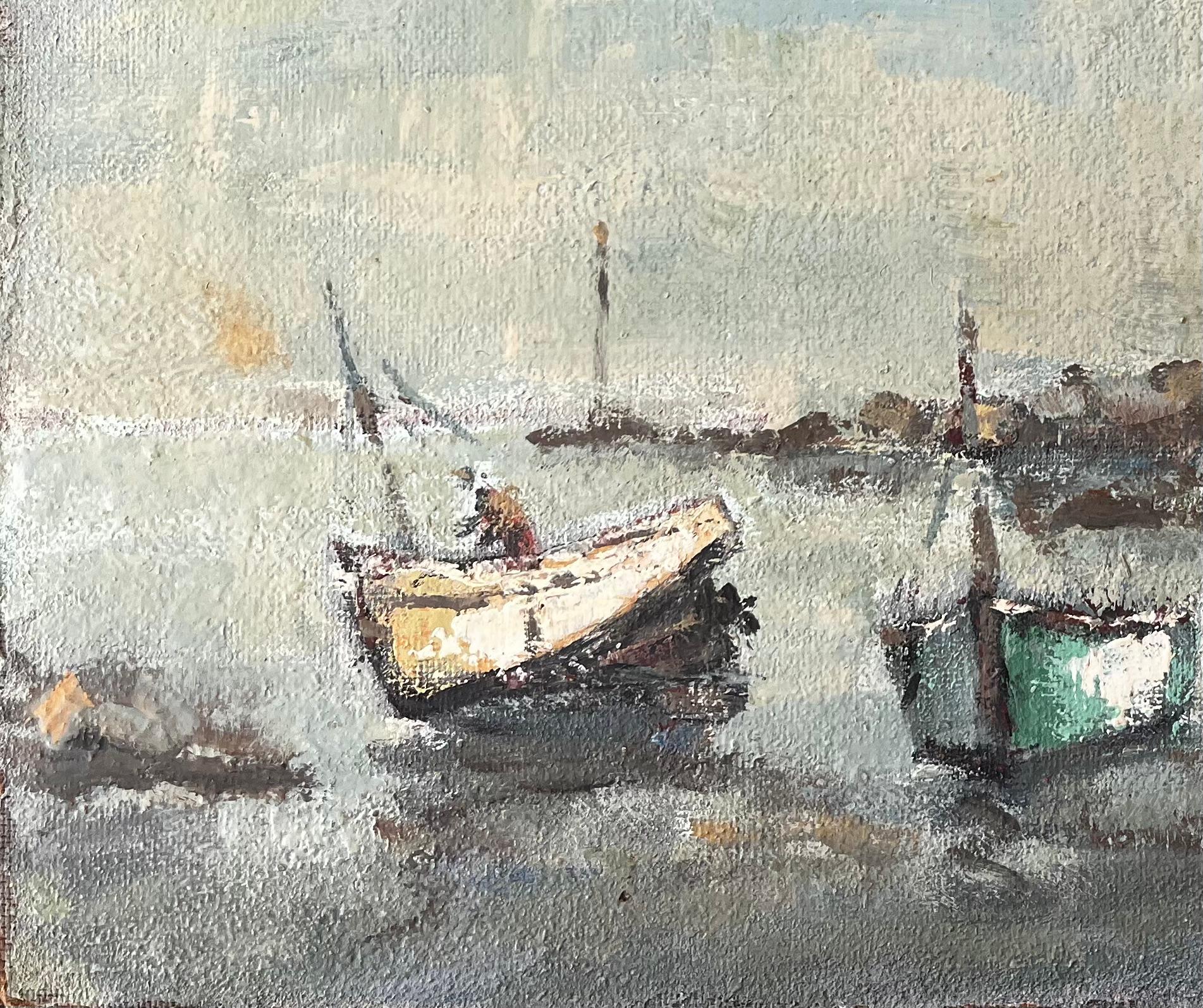 Escena costera francesa con barcos en marea baja en St Servan Bretaña - Abstract Painting Gris de Fanch Lel