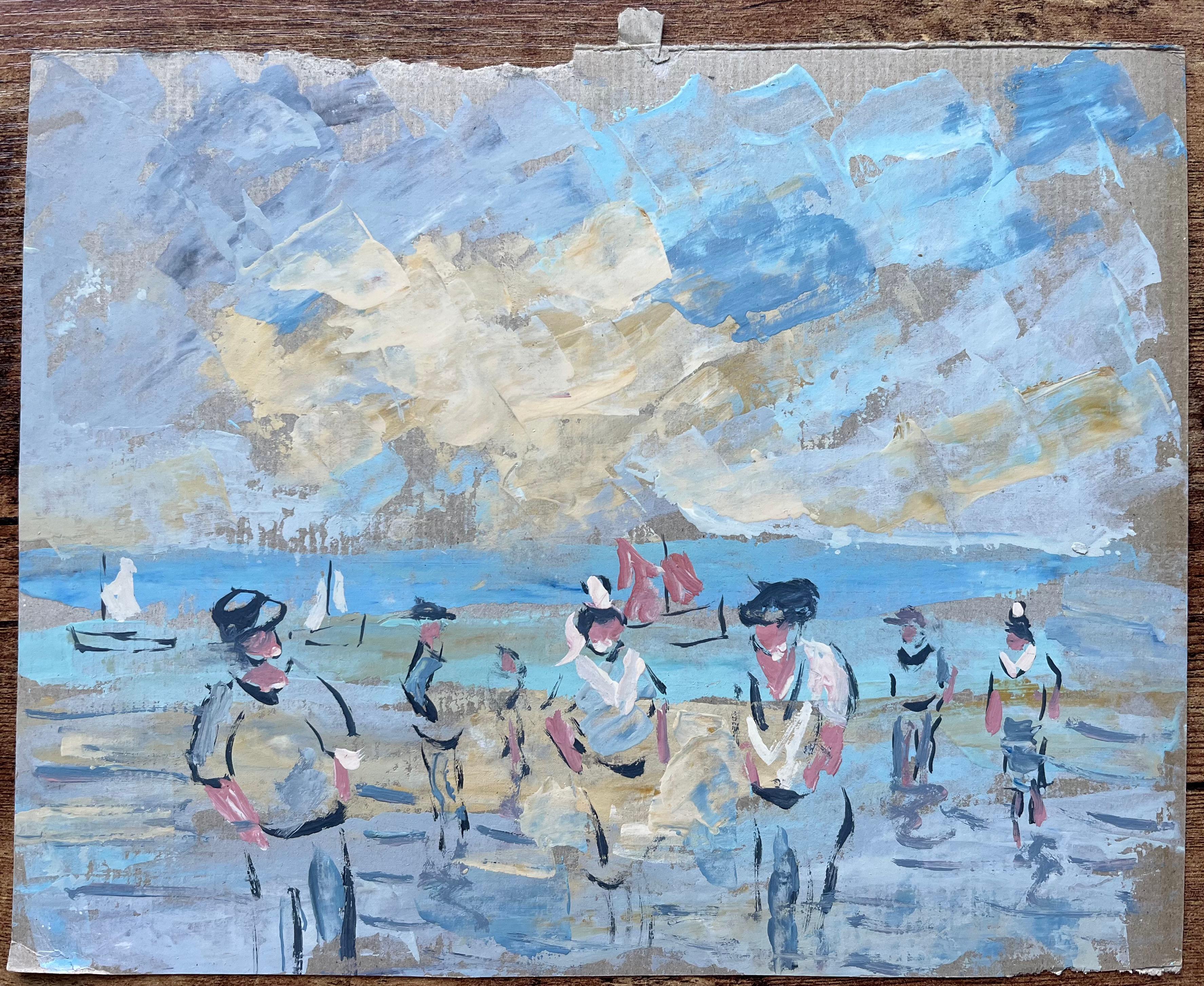 Scena costiera francese con donne bretoni e barche da pesca - Painting di Fanch Lel