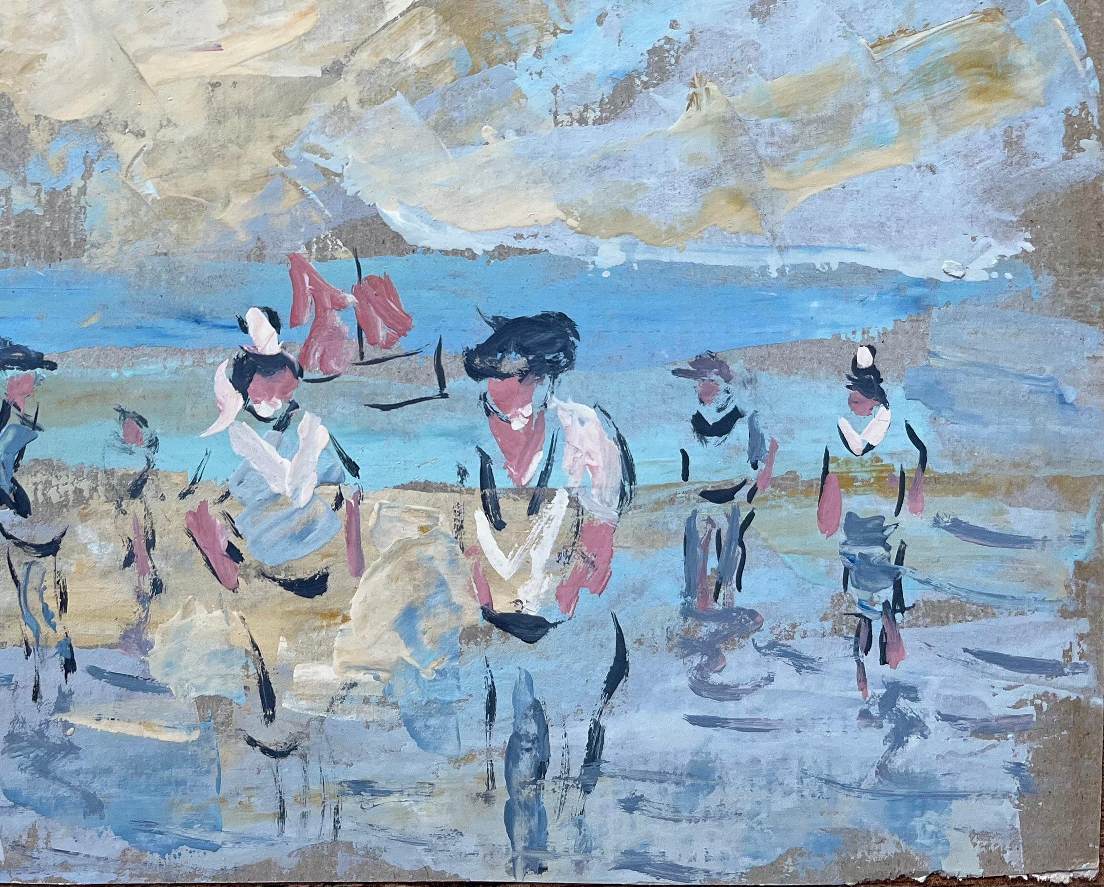 Scena costiera francese con donne bretoni e barche da pesca - Painting Impressionismo di Fanch Lel