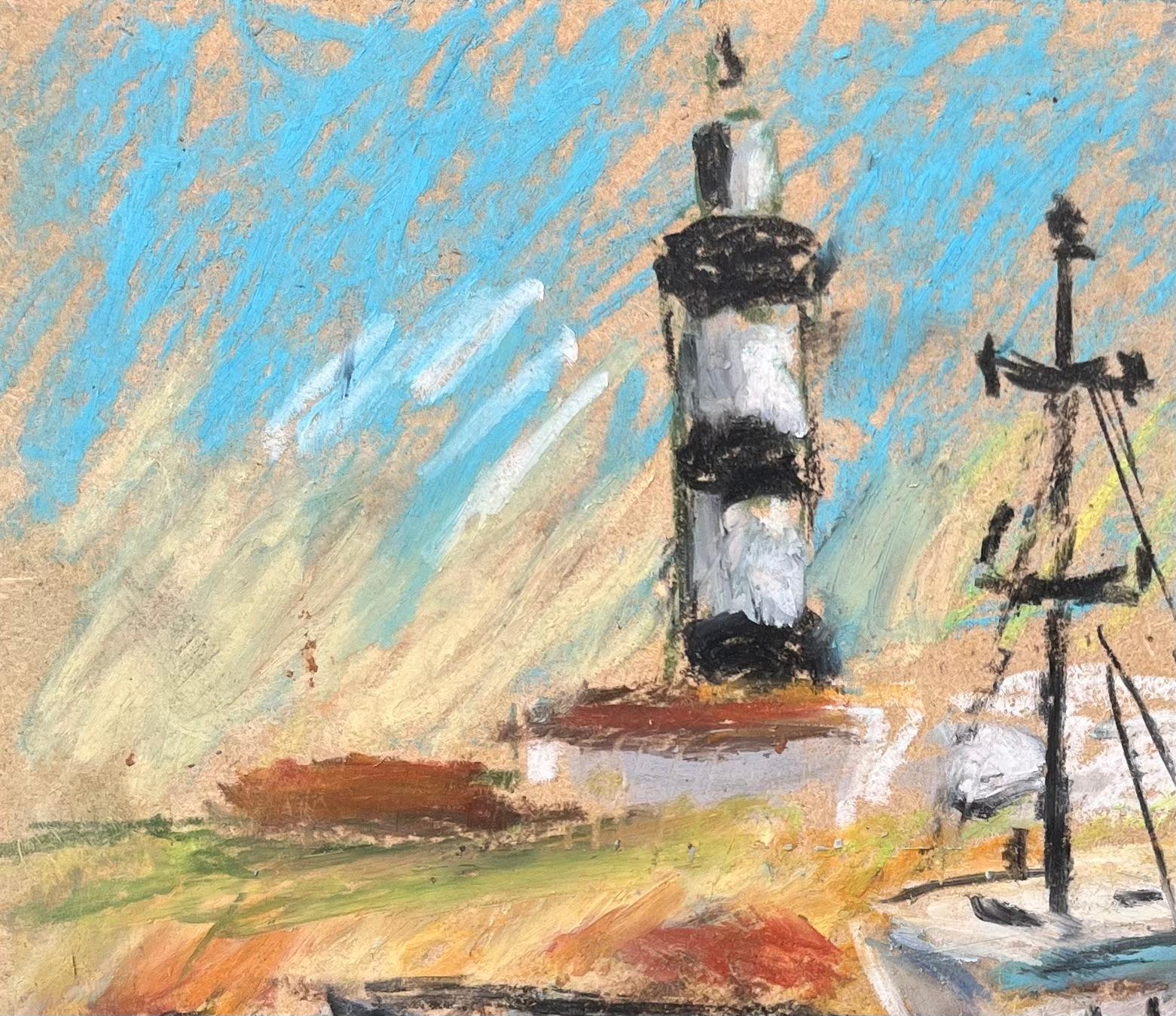 Scena costiera francese con barca da pesca e faro in pastello - Painting di Fanch Lel