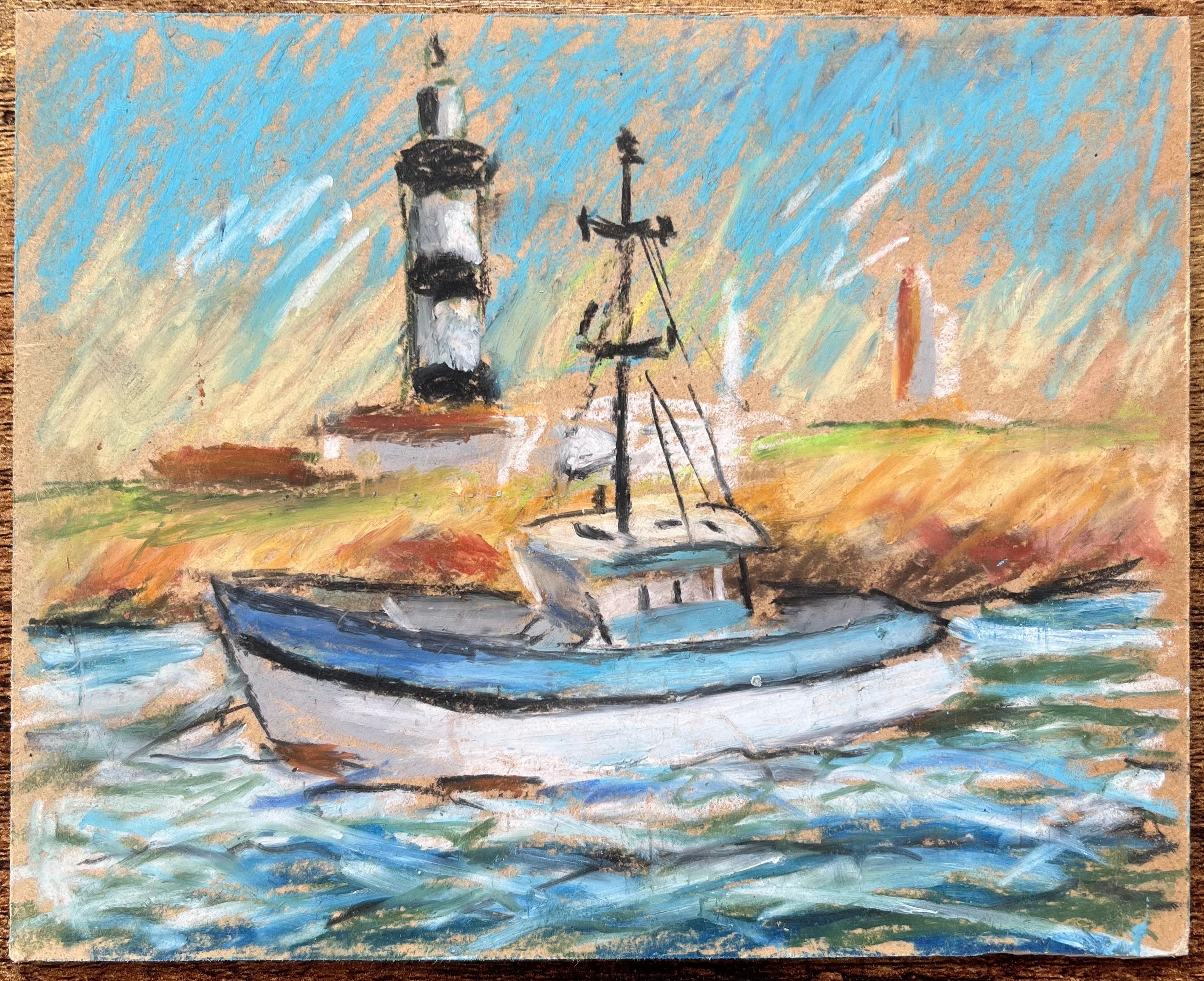 Scena costiera francese con barca da pesca e faro in pastello - Painting Impressionismo di Fanch Lel
