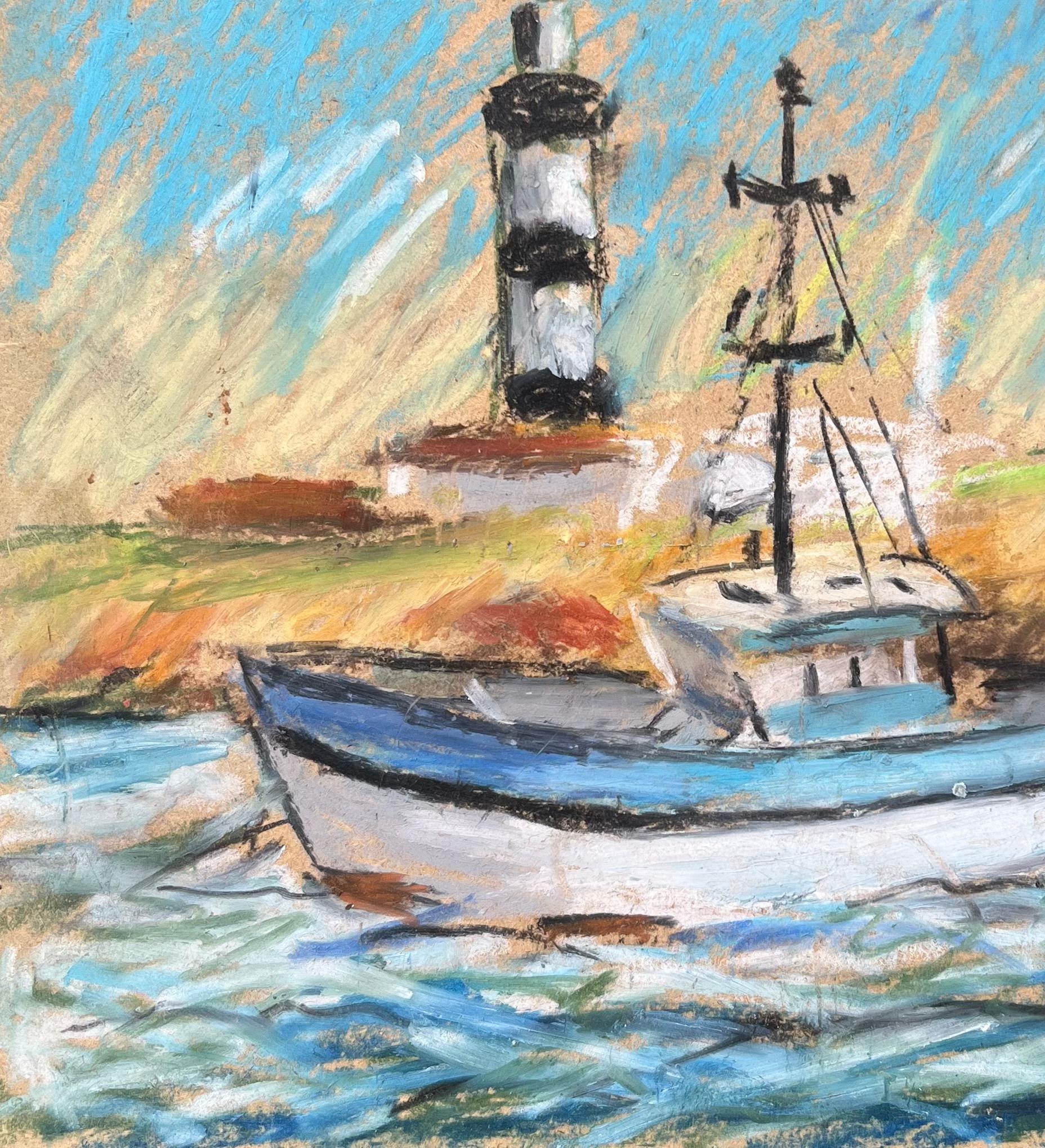 Scena costiera francese con barca da pesca e faro in pastello - Figurative Painting Grigio di Fanch Lel