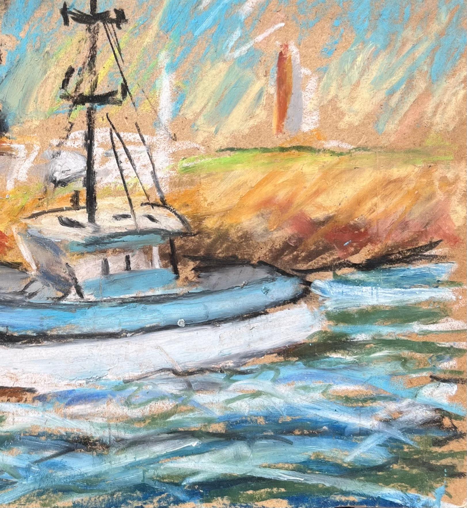 Titolo: Scena costiera francese con barca da pesca e faro in pastello
Di Fanch Lel (francese, nato nel 1930)
Dimensioni: 5,5 x 6,75 pollici (altezza x larghezza)
Pastello su tavola, senza cornice
Condizioni: Il dipinto è in buone