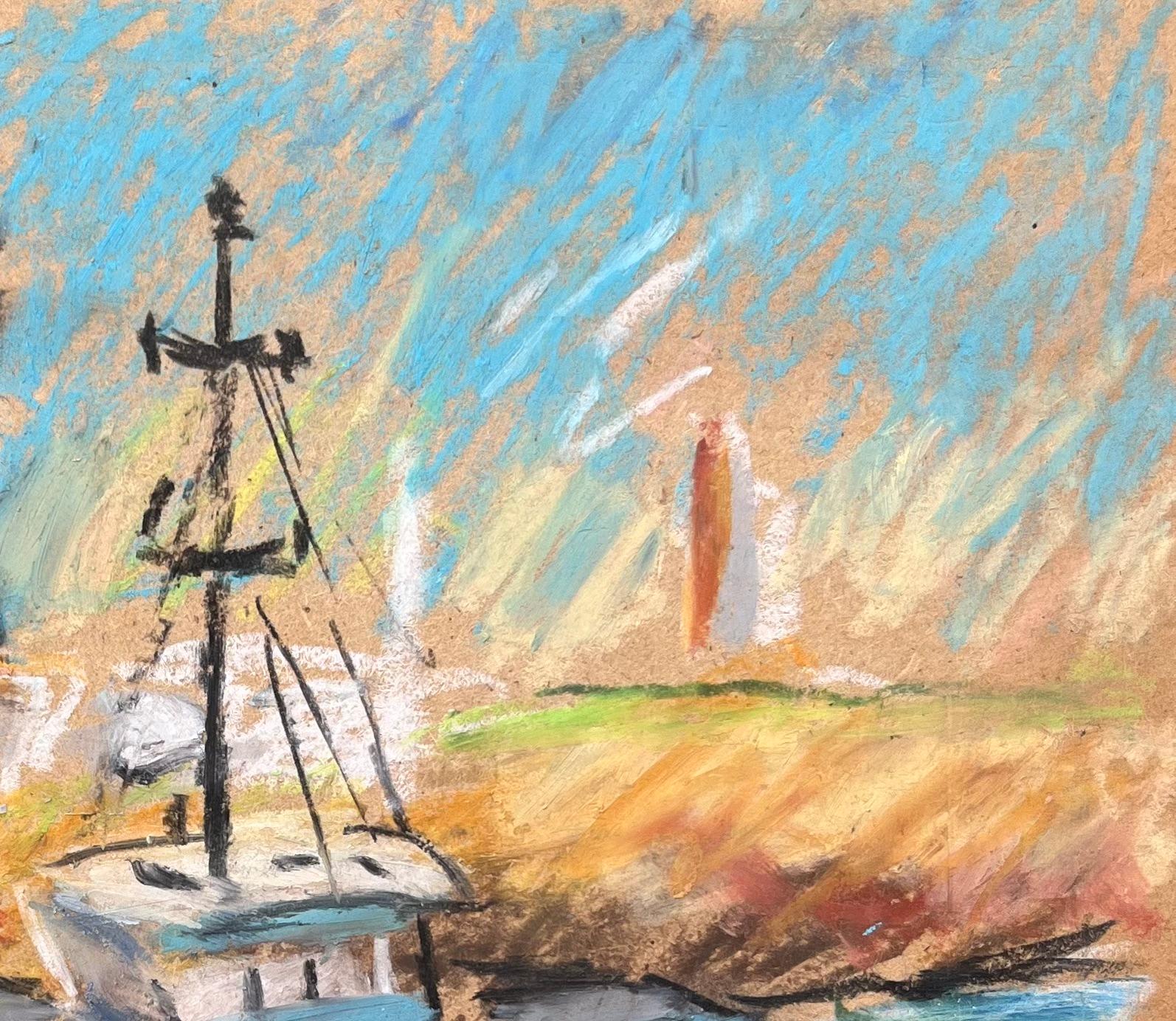 Scena costiera francese con barca da pesca e faro in pastello in vendita 1