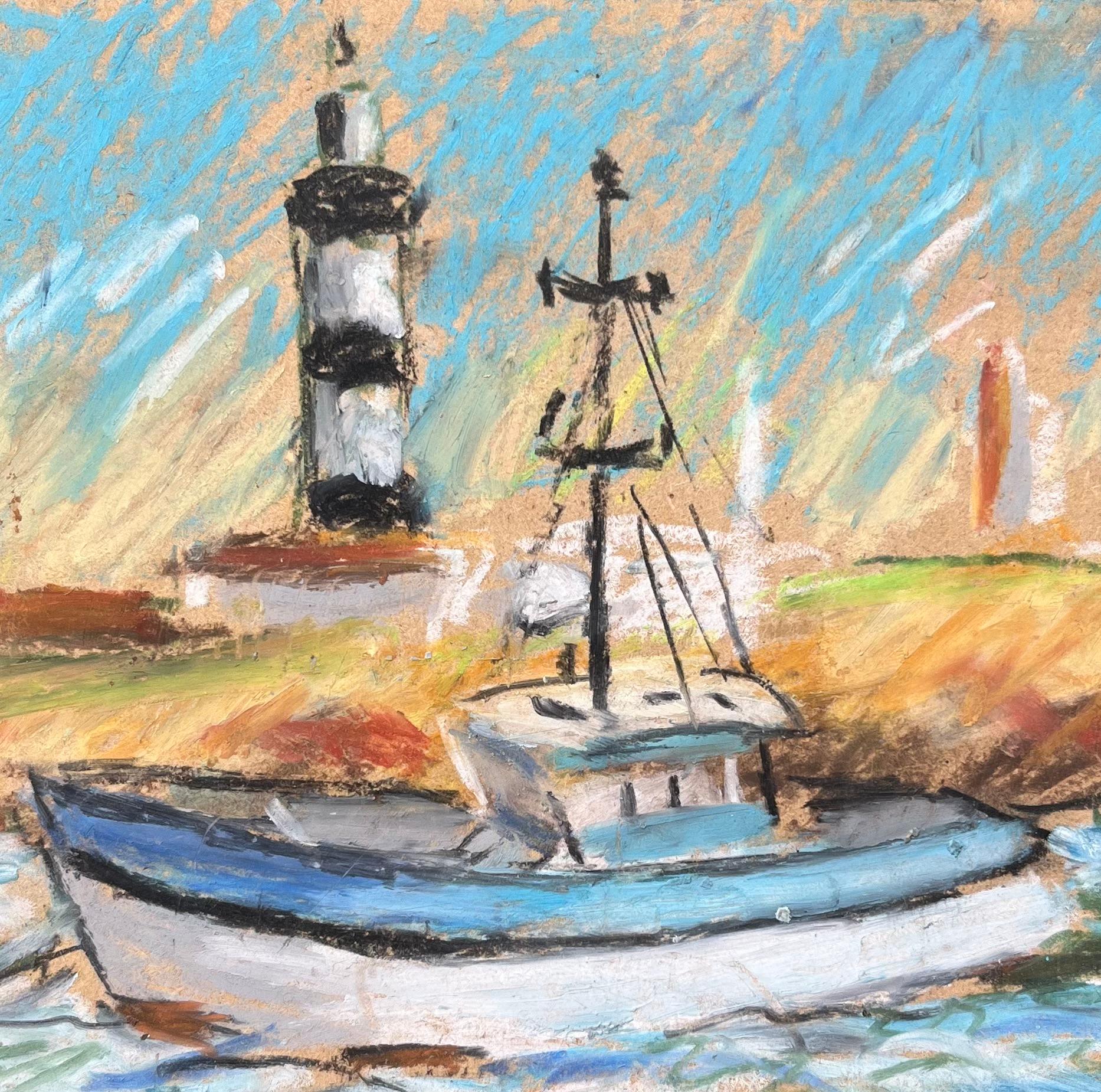 Scena costiera francese con barca da pesca e faro in pastello in vendita 2